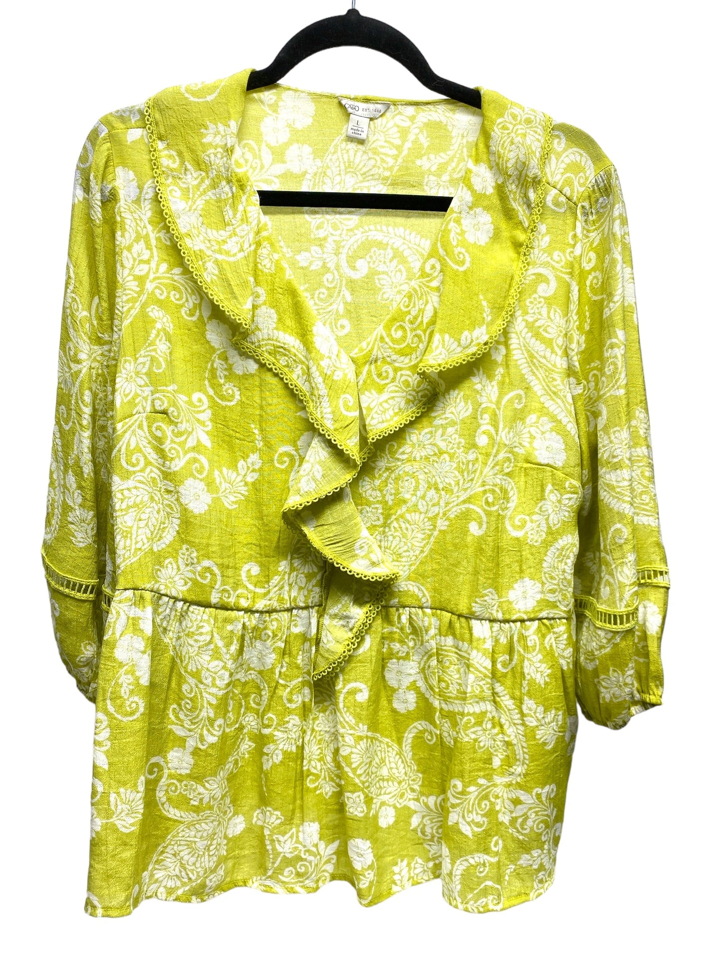 Top 3/4 Sleeve By Cato In White & Yellow, Size: L