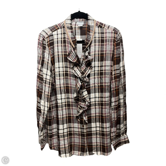 Top Long Sleeve By Chicos In Brown & Cream, Size: L