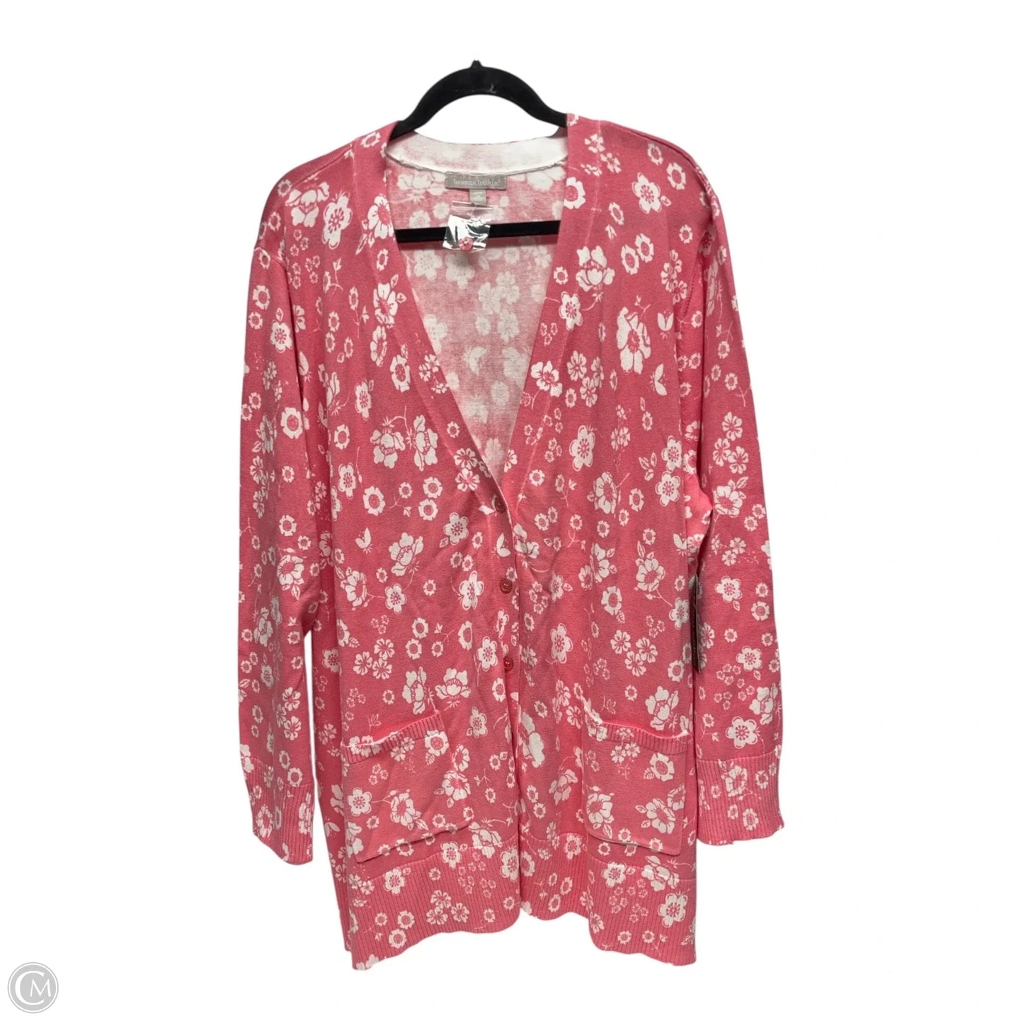Sweater Cardigan By Woman Within In Pink & White, Size: 2x