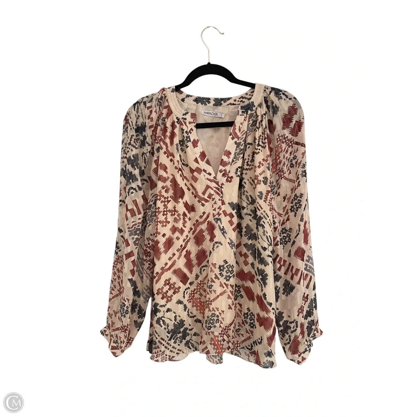 Top Long Sleeve Designer By Maria Cher In Cream & Red, Size: S