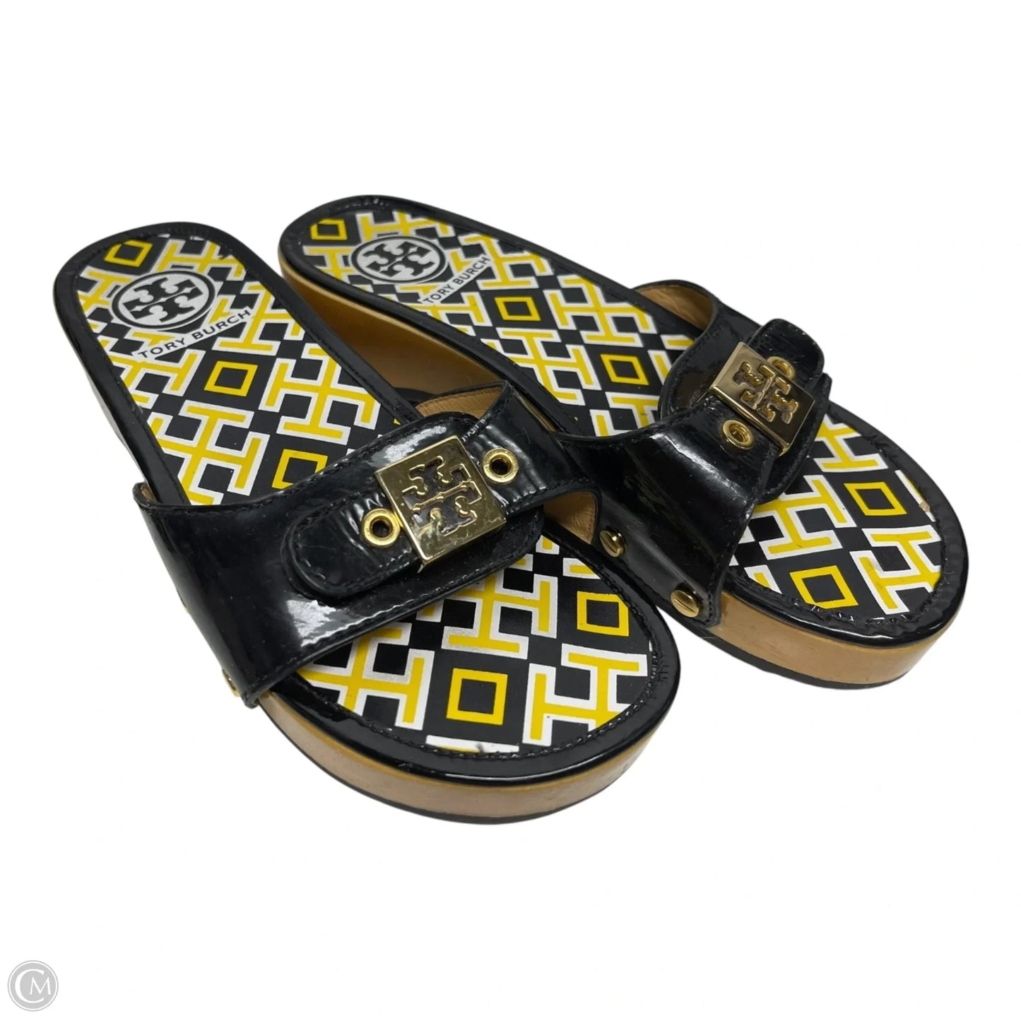 Sandals Designer By Tory Burch In Black & Yellow, Size: 5