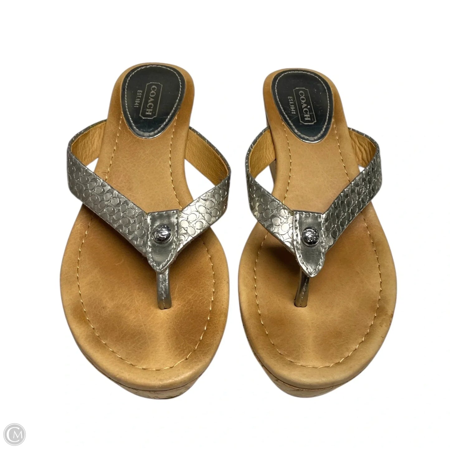Sandals Designer By Coach In Silver & Tan, Size: 6