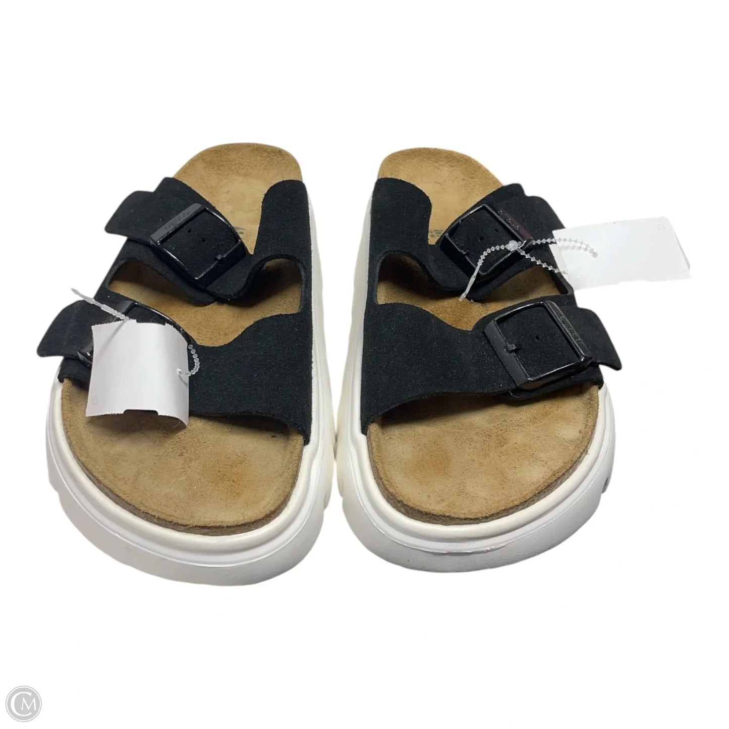 Sandals Flats By Birkenstock In Black & Tan, Size: 10