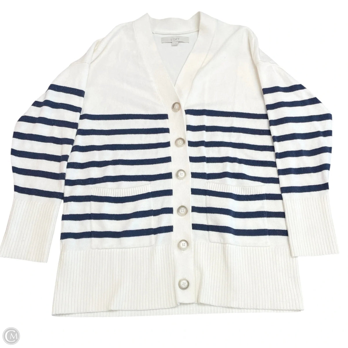Sweater Cardigan By Loft In Blue & White, Size: M