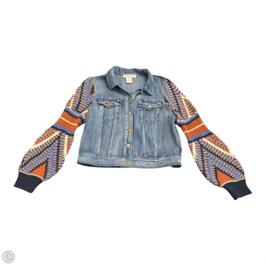 Jacket Denim By Flying Monkey In Blue & Tan, Size: M