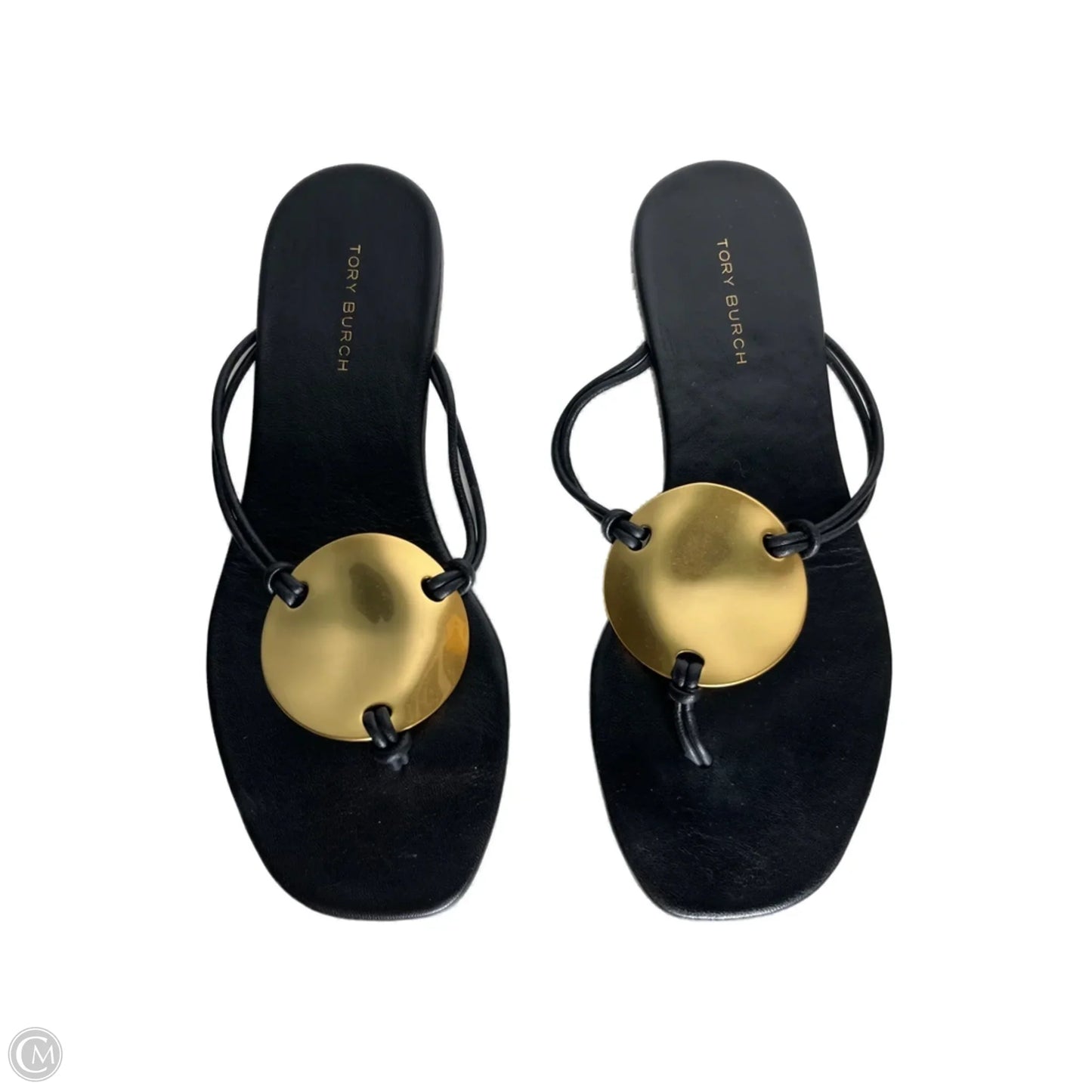 Sandals Designer By Tory Burch In Black & Gold, Size: 5