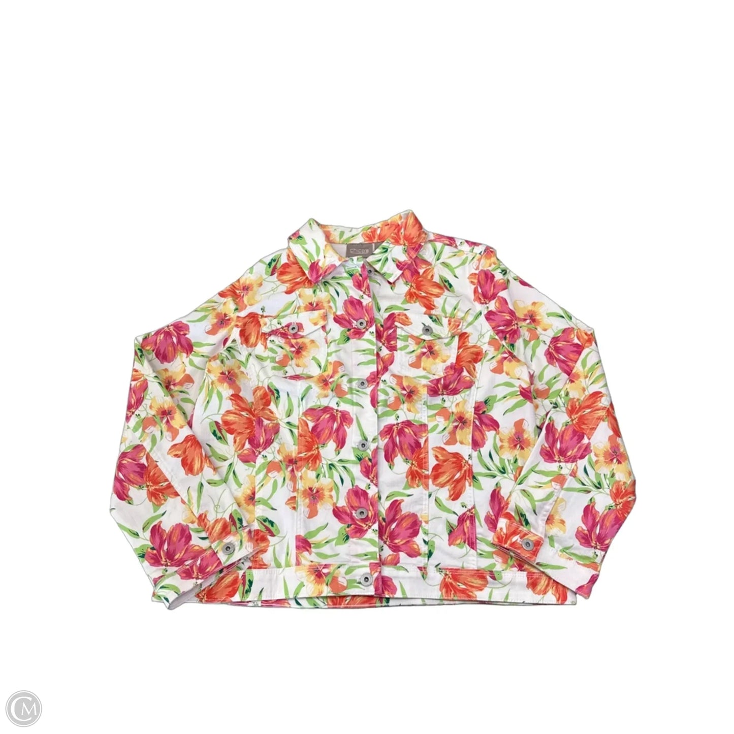 Jacket Denim By Chicos In Floral Print, Size: L