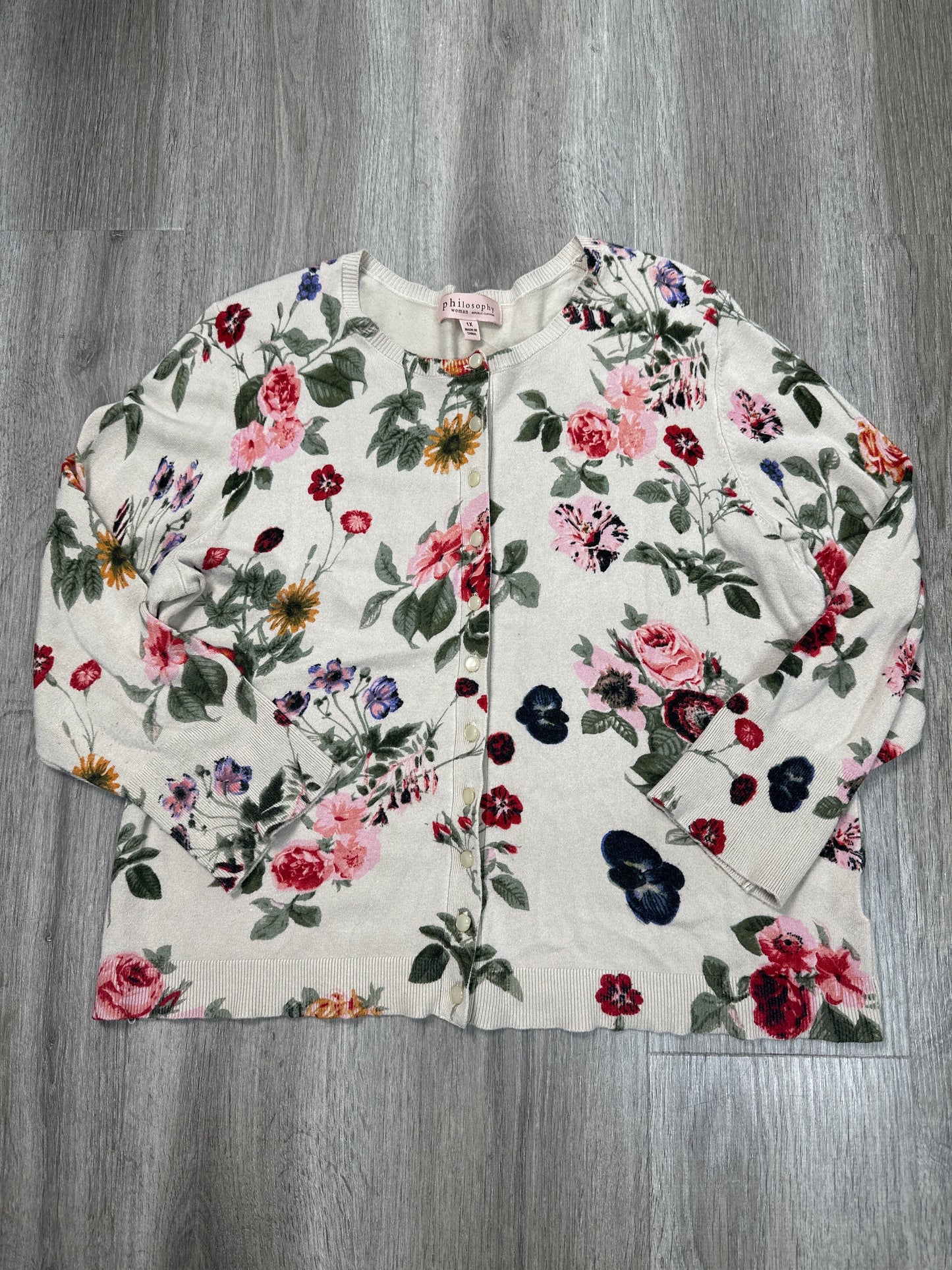 Cardigan By Philosophy In Floral Print, Size: 1x