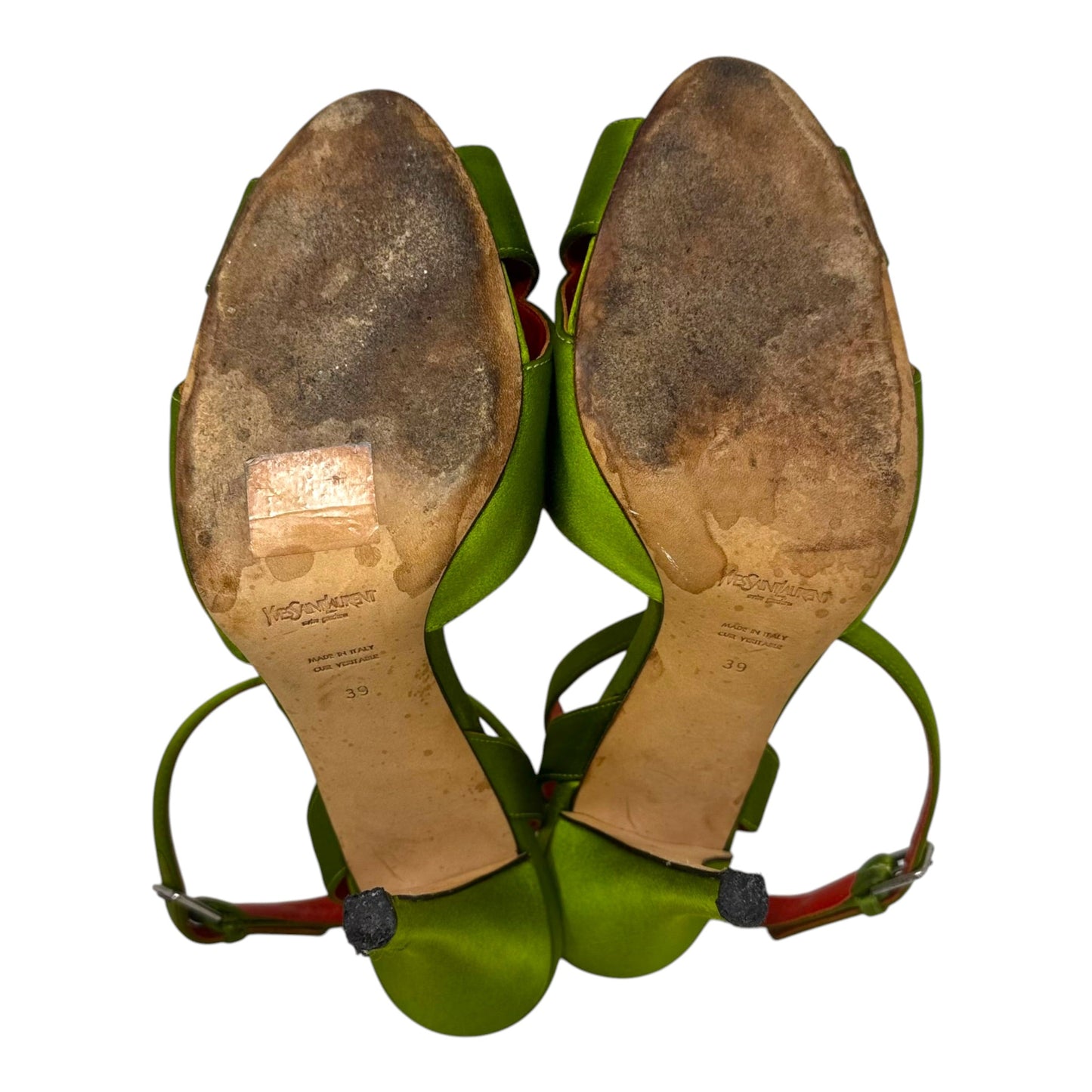 AS IS Rive Gauche Satin Heels Shoes Luxury Designer By Yves Saint Laurent In Green & Red, Size: 9 (39)