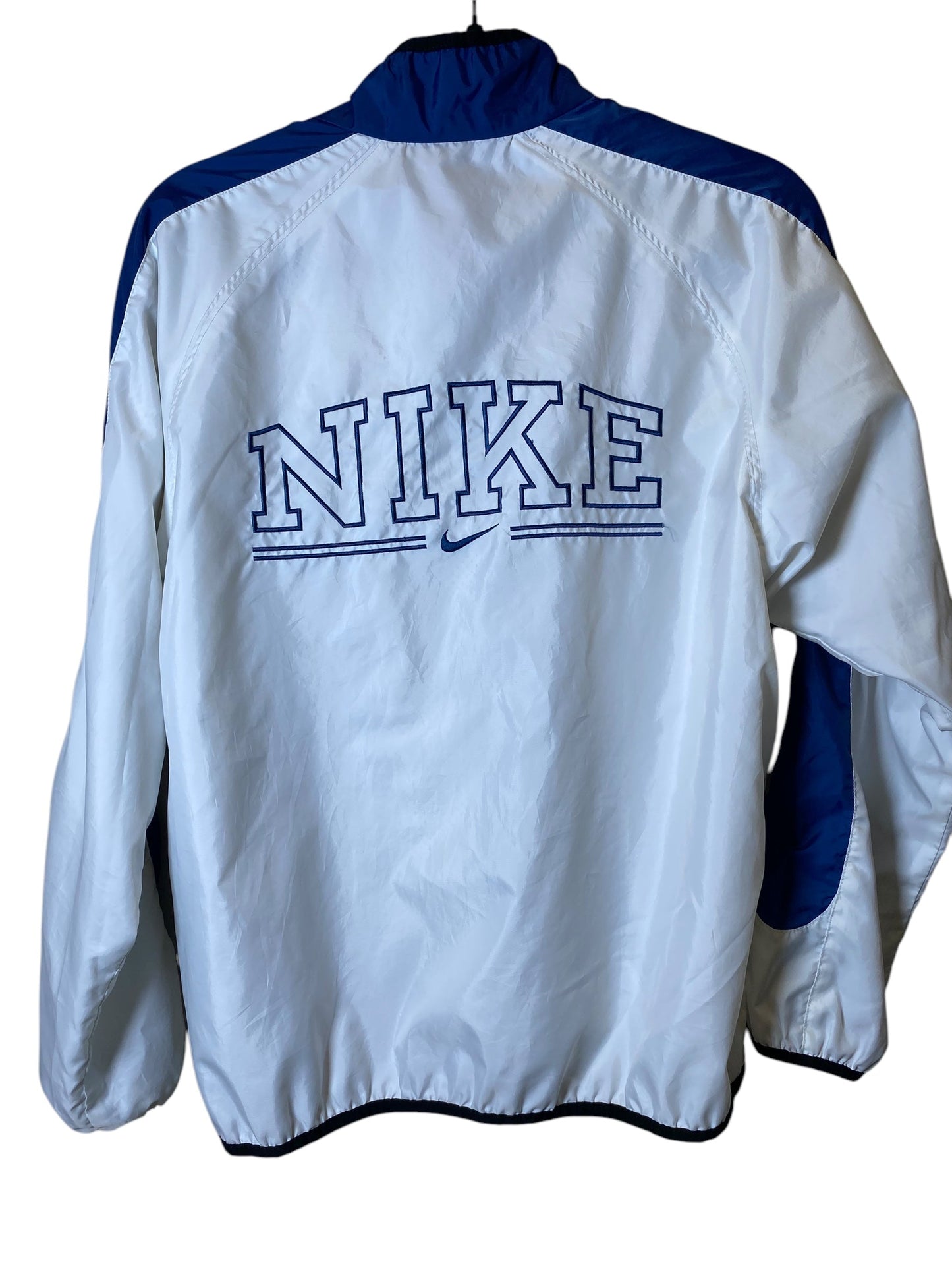 Athletic Jacket By Nike In Blue & White, Size: S