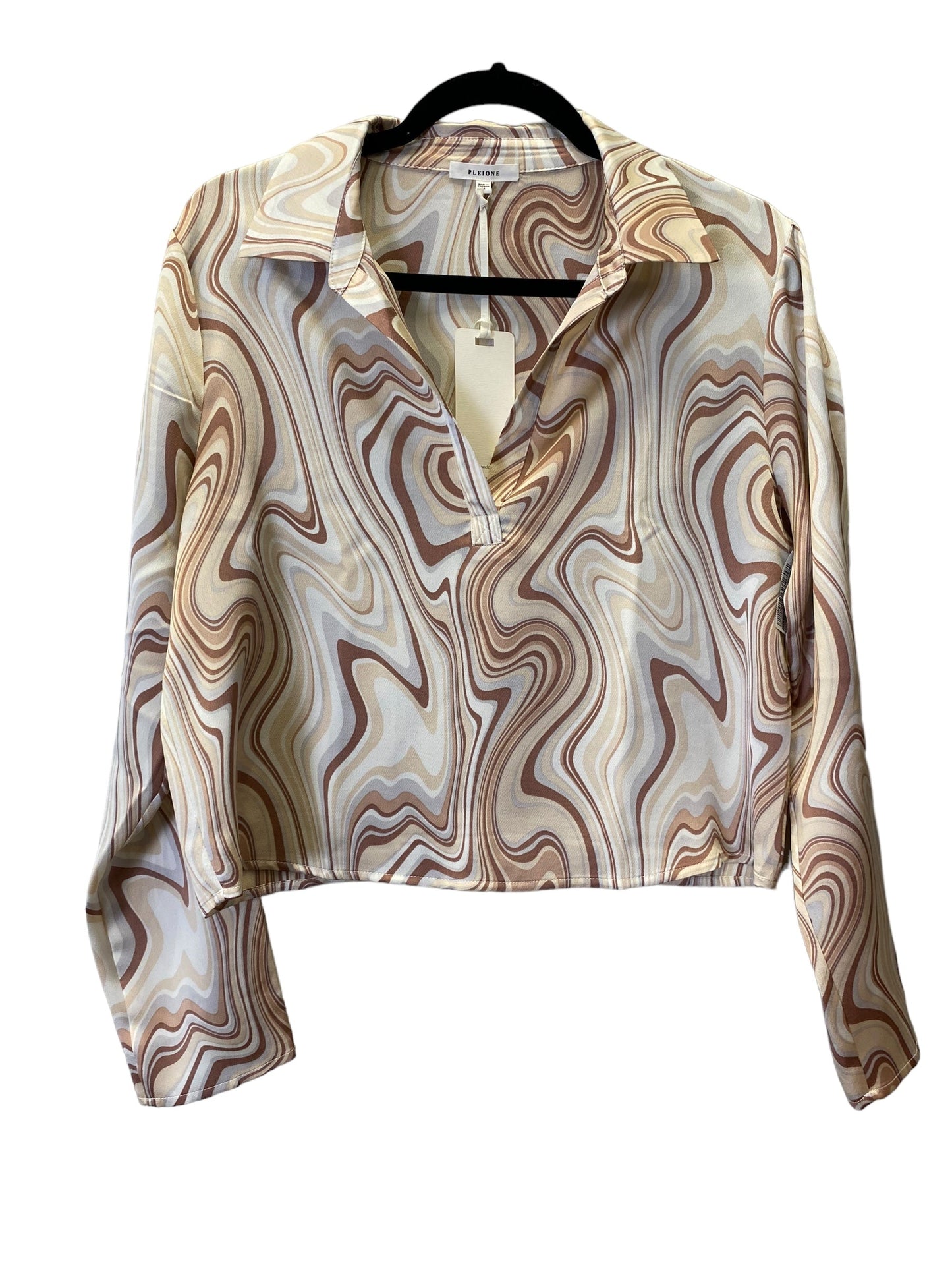 Tan & White Blouse Long Sleeve Pleione, Size M