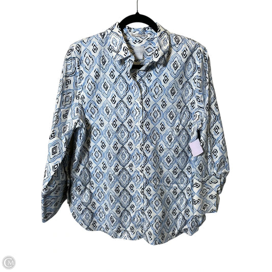 Blouse Long Sleeve By Chicos In Blue & White, Size: L