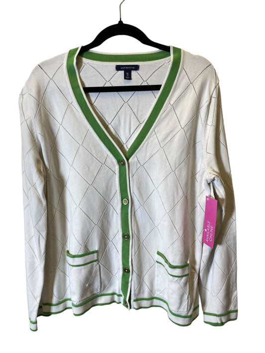 Sweater Cardigan By Lands End In Green & White, Size: Xl