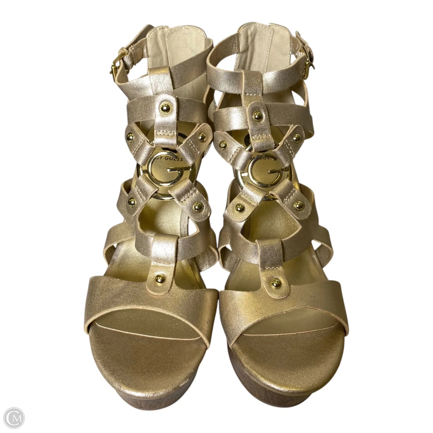 Sandals Heels Wedge By Guess In Brown & Gold, Size: 10