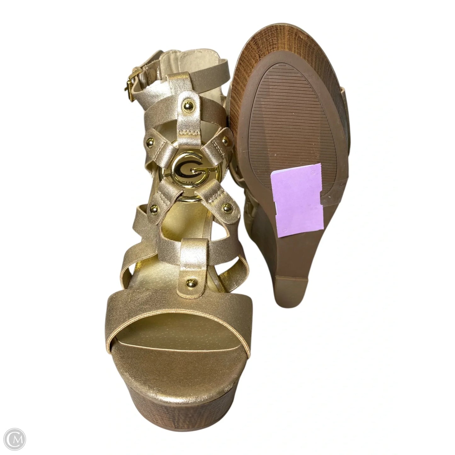 Sandals Heels Wedge By Guess In Brown & Gold, Size: 10