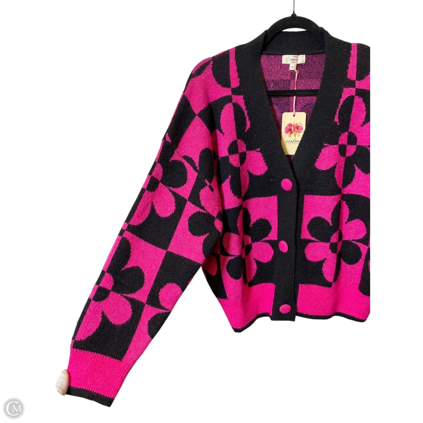 Sweater Cardigan By Entro In Black & Pink, Size: L