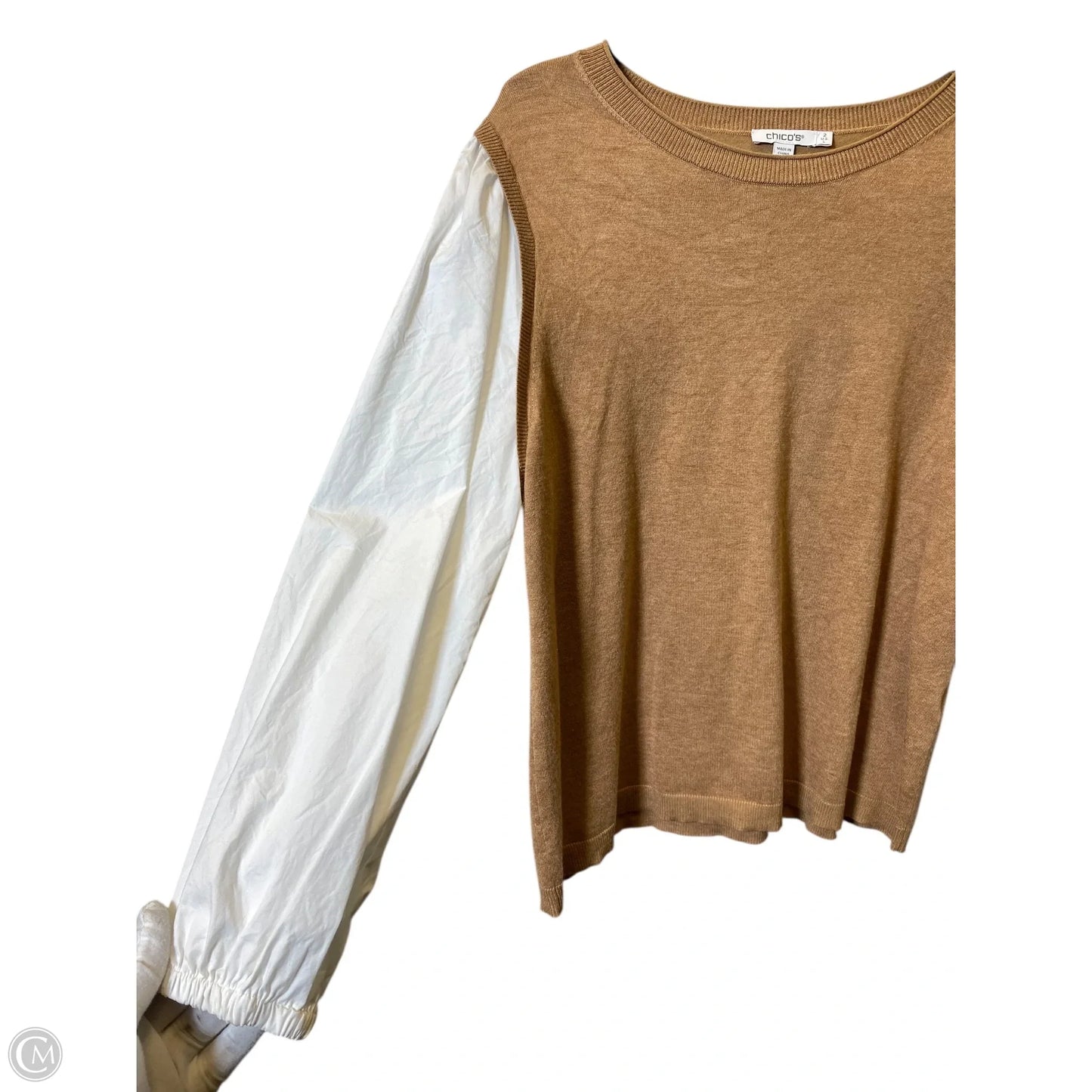 Top Long Sleeve By Chicos In Brown & White, Size: L