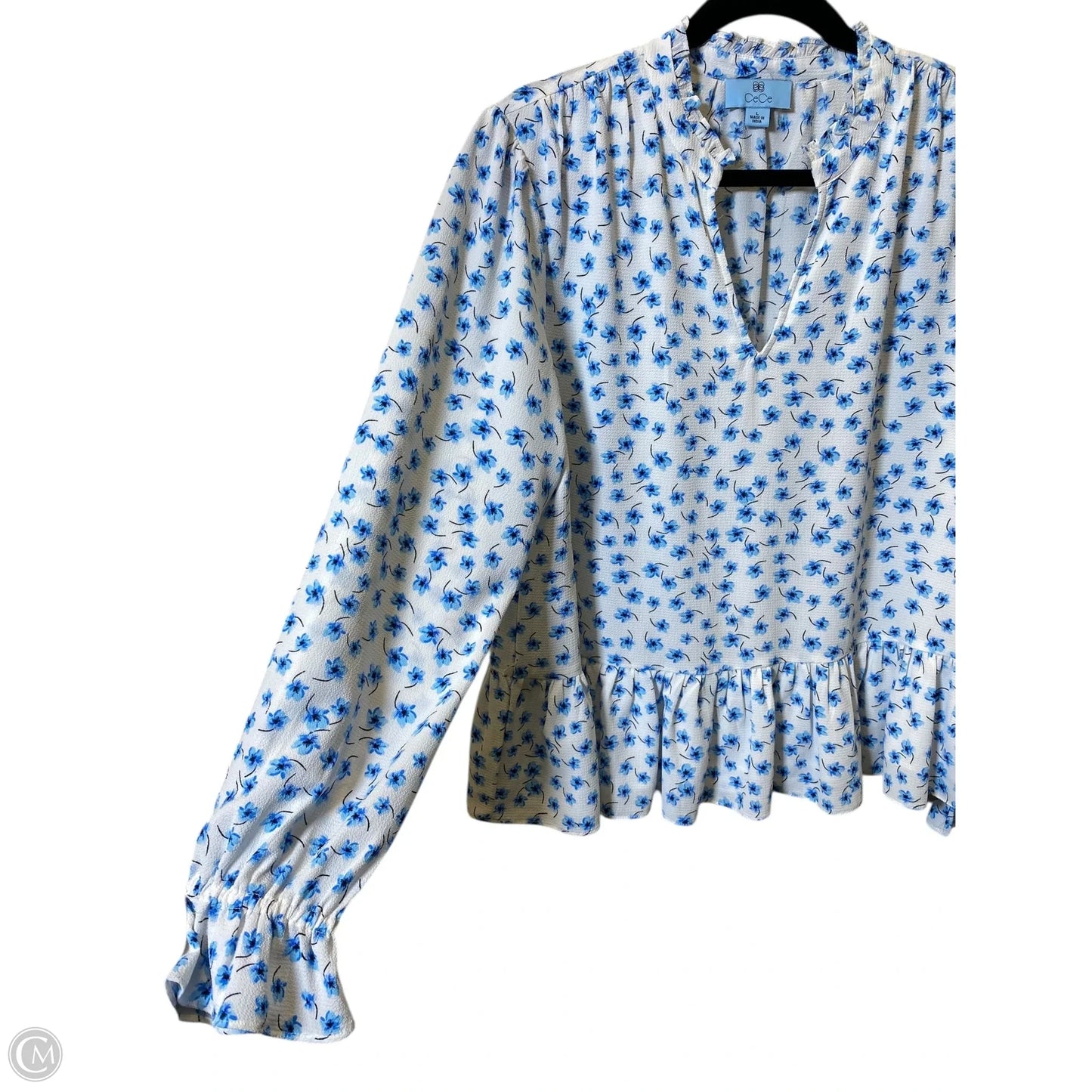 Top Long Sleeve By Cece In Blue & White, Size: L