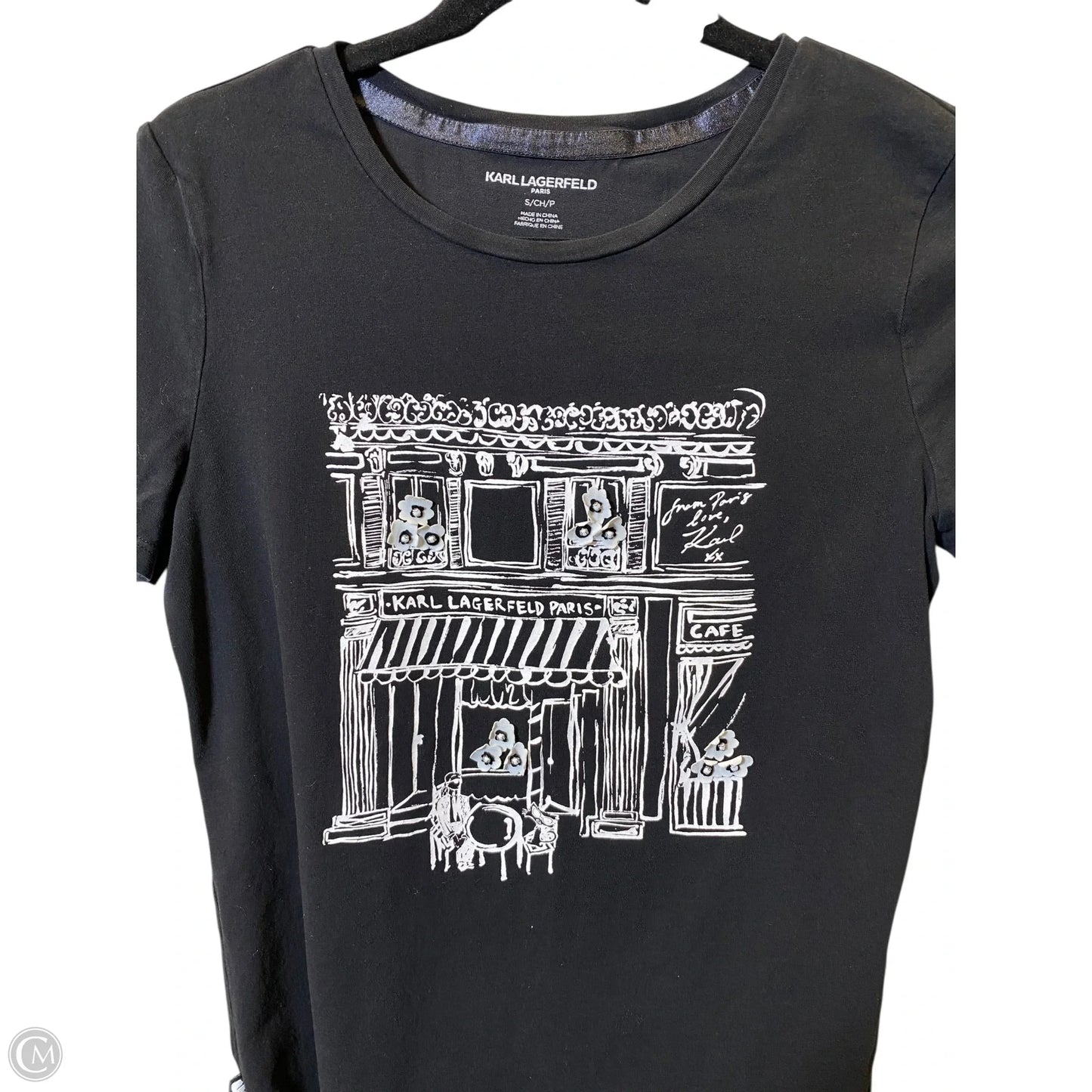 Top Short Sleeve Designer By Karl Lagerfeld In Black, Size: S