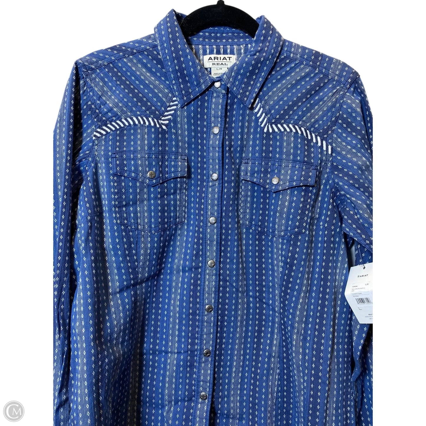 Top Long Sleeve By Ariat In Blue & White, Size: L