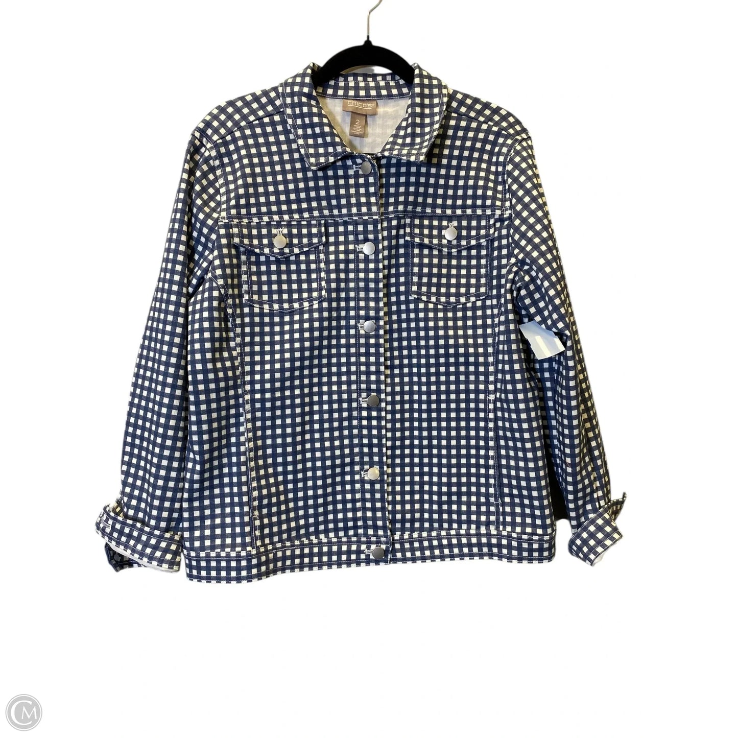 Jacket Denim By Chicos In Blue & White, Size: L