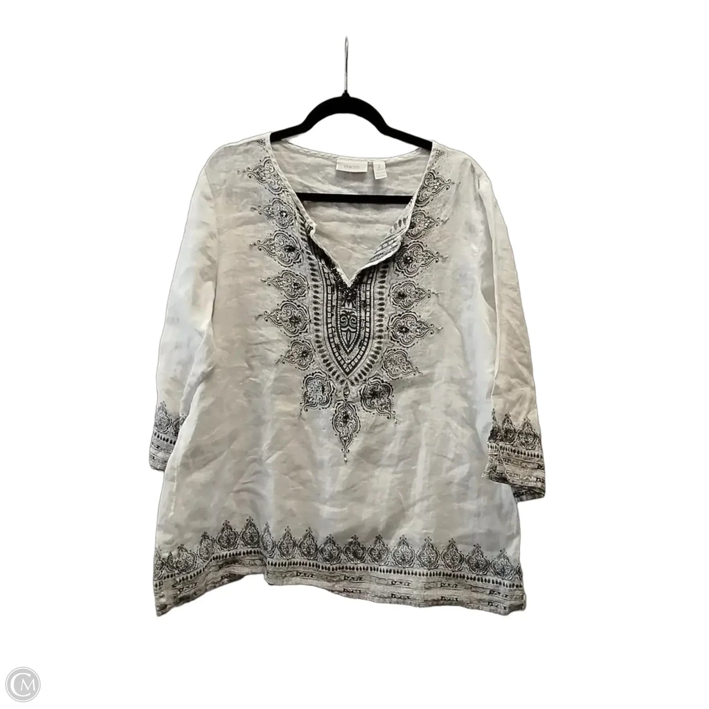 Blouse 3/4 Sleeve By Chicos In Silver & White, Size: L