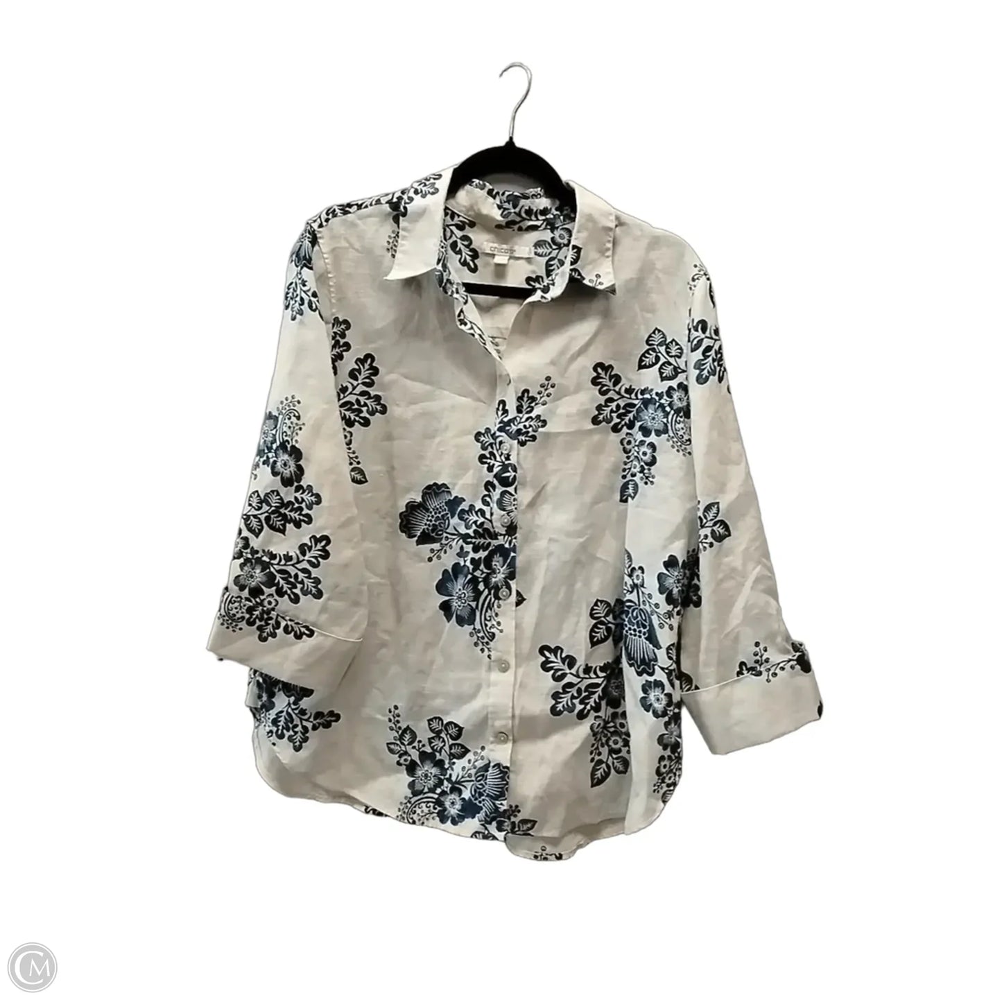 Blouse Short Sleeve By Chicos In Blue & Cream, Size: L