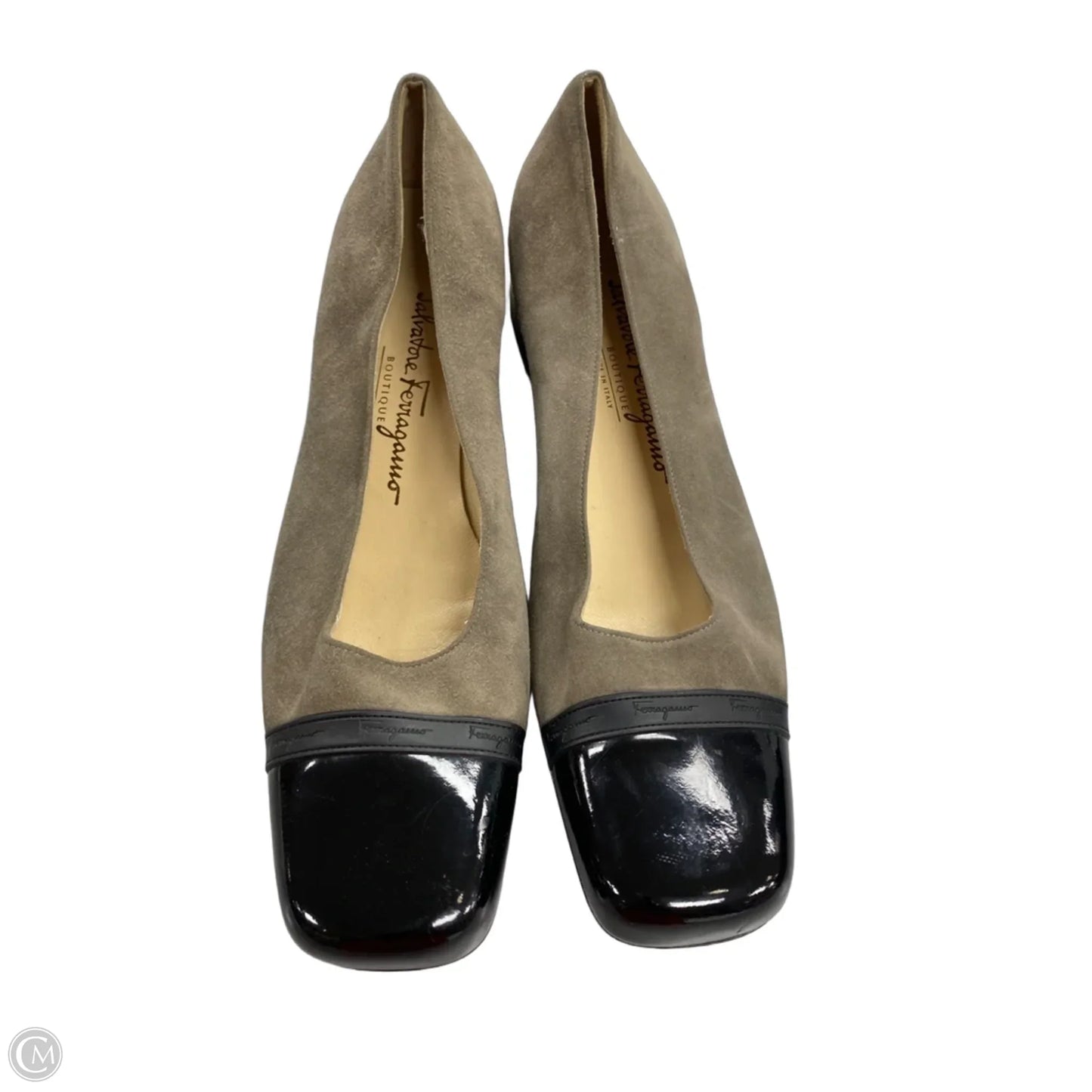 Shoes Luxury Designer By Ferragamo In Black & Tan, Size: 8.5