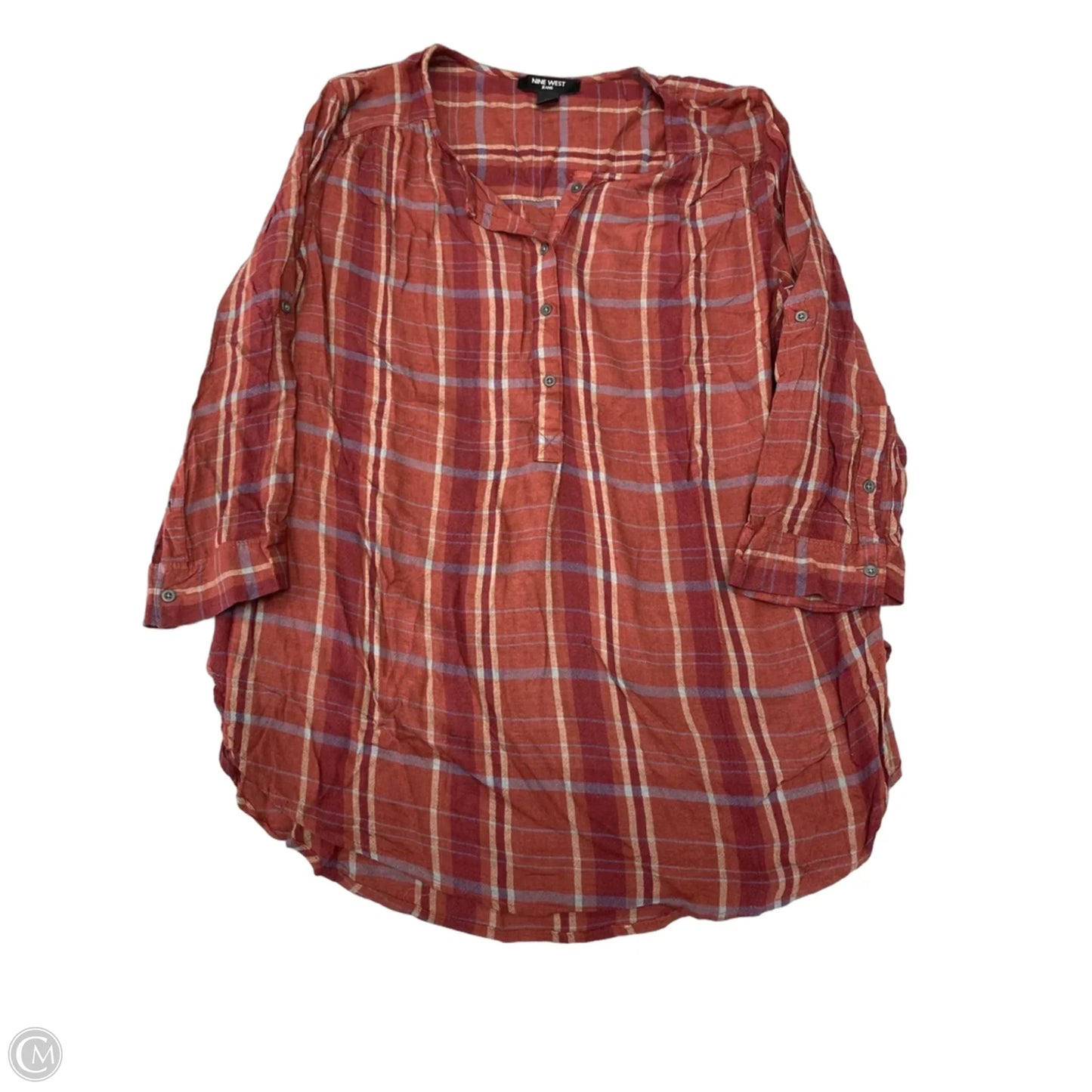 Top Long Sleeve By Nine West In Plaid Pattern, Size: Xl