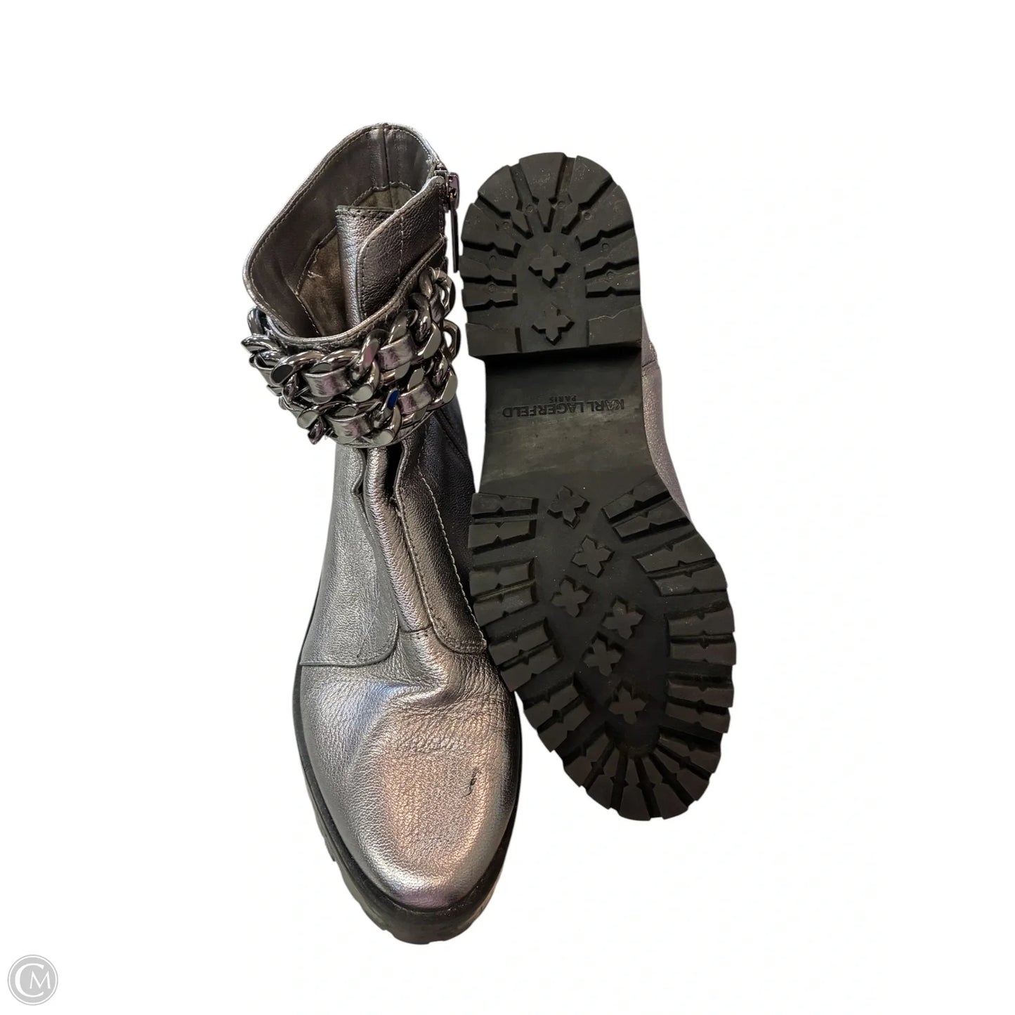 Boots Designer By Karl Lagerfeld In Silver, Size: 7.5