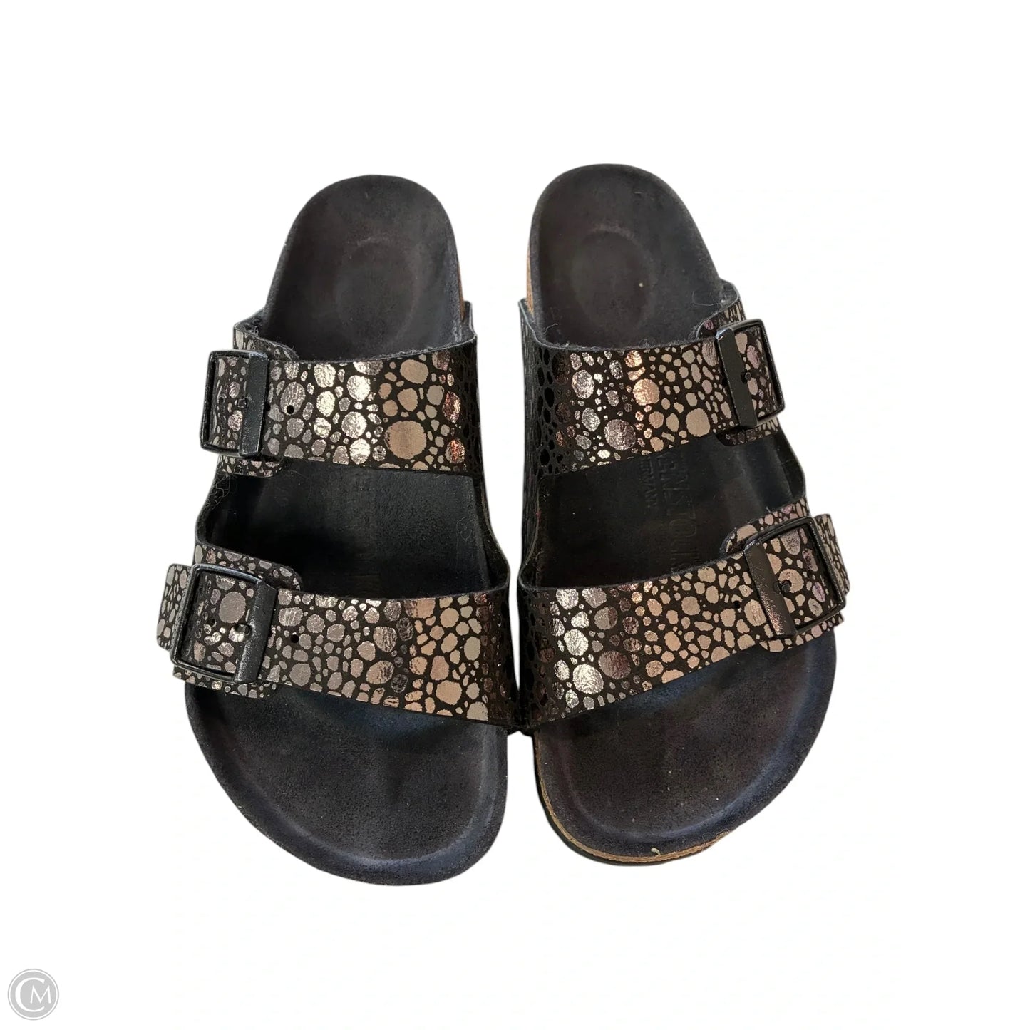 Sandals Flats By Birkenstock In Black & Silver, Size: 8