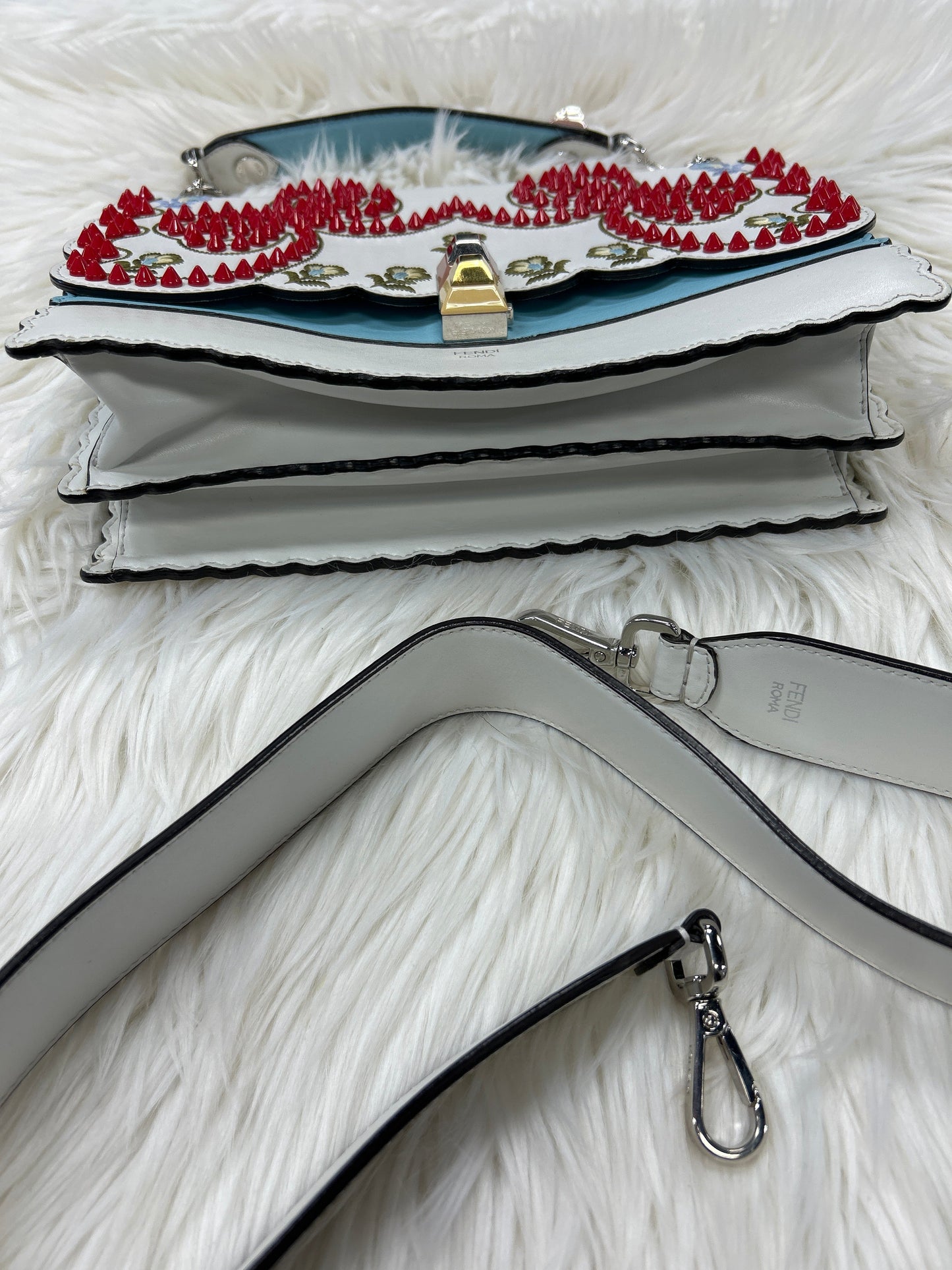 Handbag Luxury Designer By Fendi In Cream & Red, Size:Medium