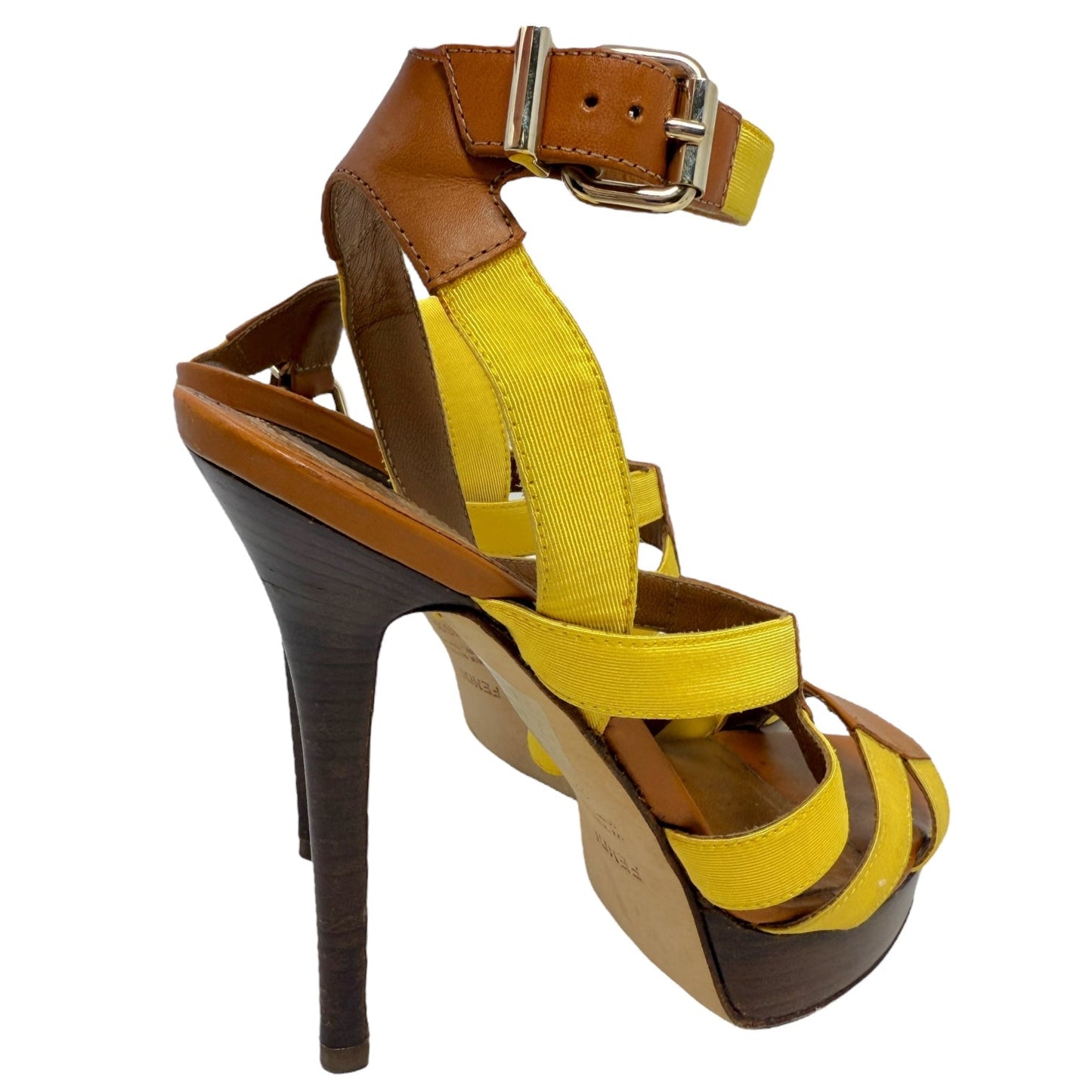 Gros Grain & Cowhide Stilletto Sandals Luxury Designer By Fendi In Mimosa & Honey, Size: US 6.5/IT 36.5