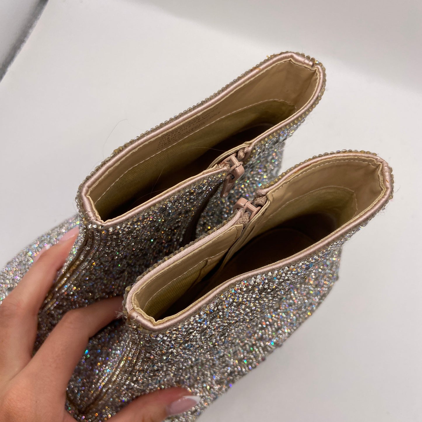 Boots Ankle Heels By Betsey Johnson In Silver, Size: 9.5