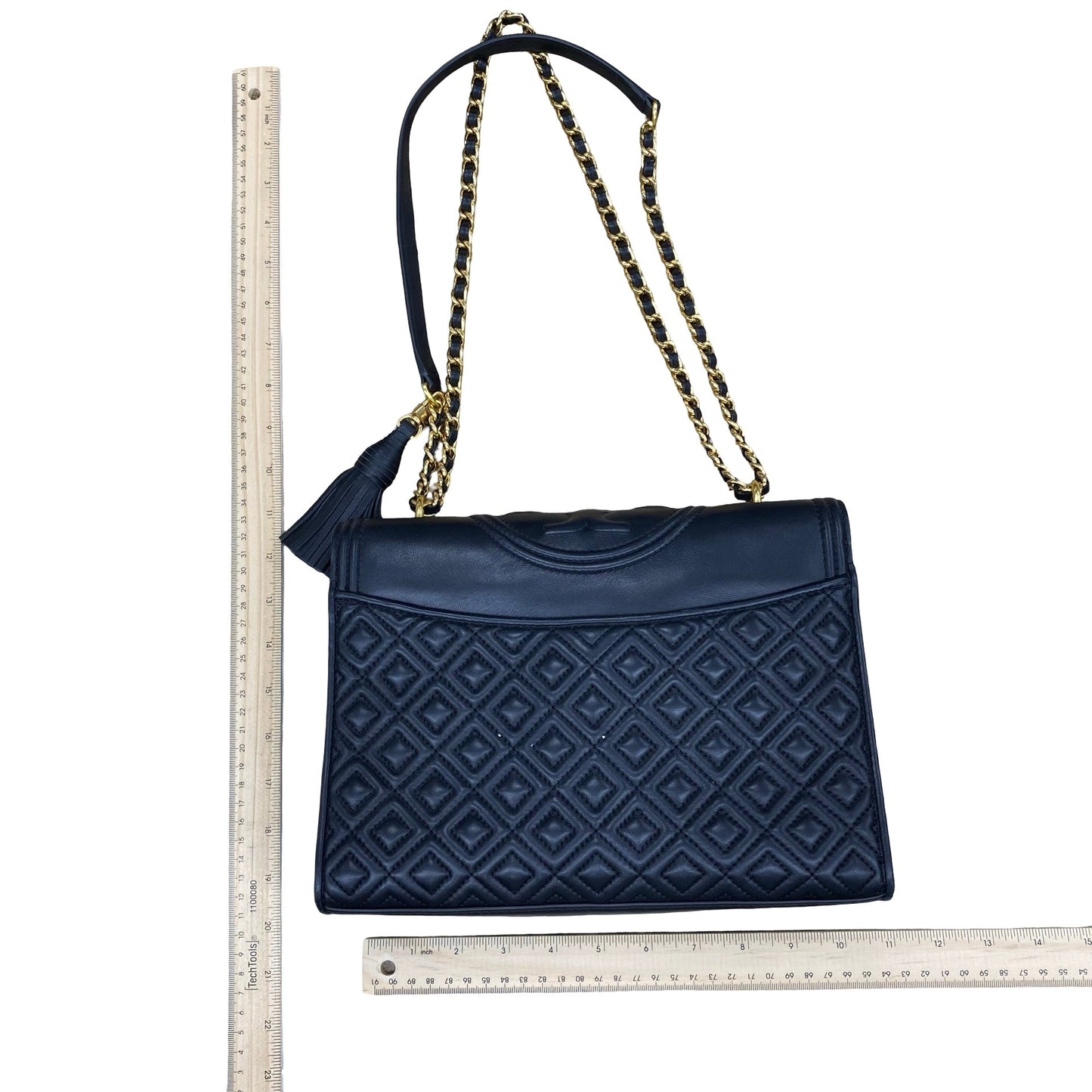 Handbag Designer By Tory Burch In Black & Gold, Size:Medium