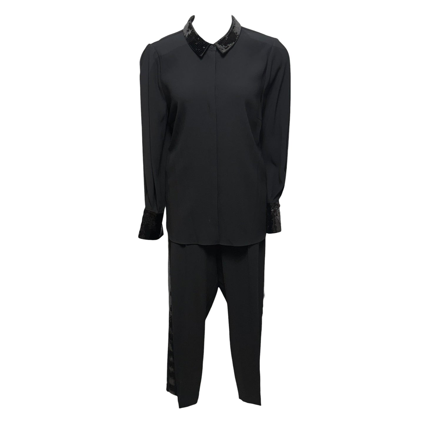 Linden Pleated Sequined Blouse & Bonnie Sequin Embellished Straight Leg Pants Set 2pc By Kobi Halperin In Black, Size: 16