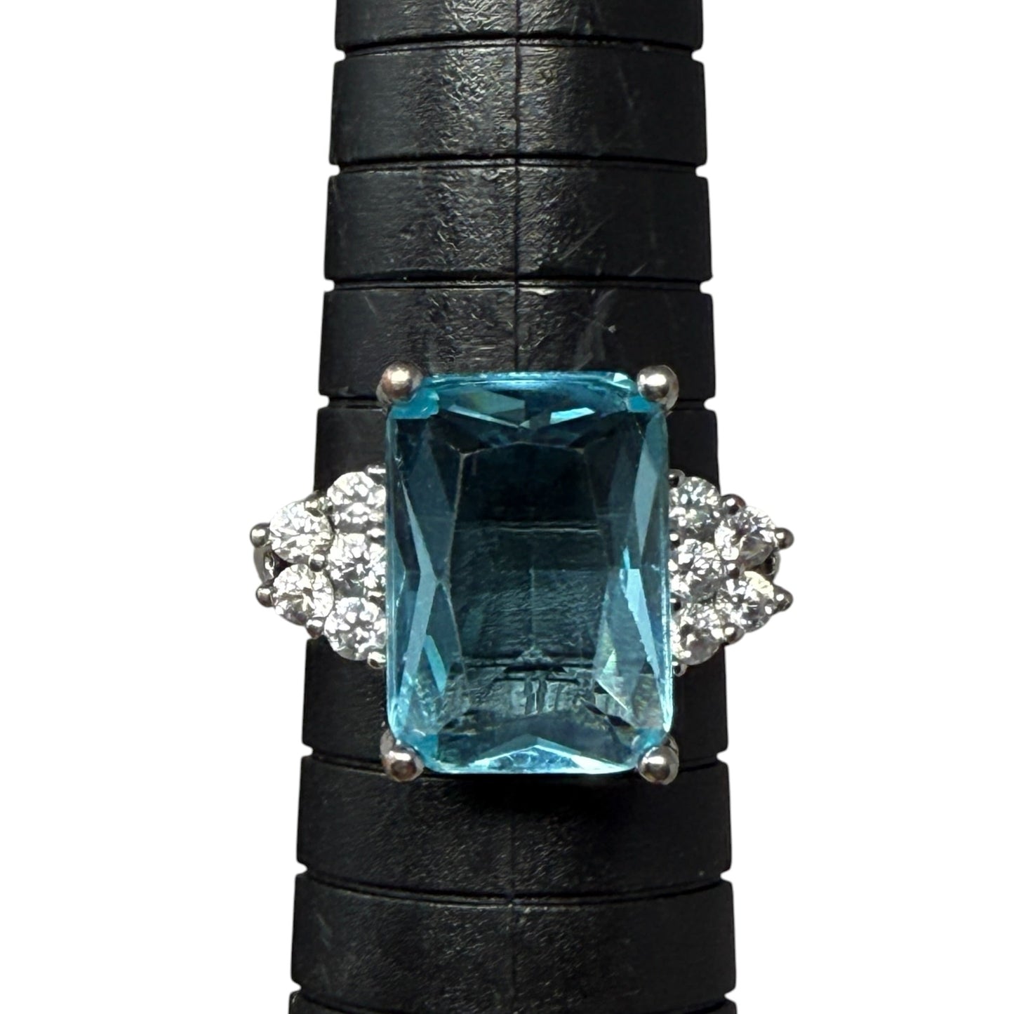Emerald Cut Simulated Aquamarine, CZ & Sterling Silver, Size: 8