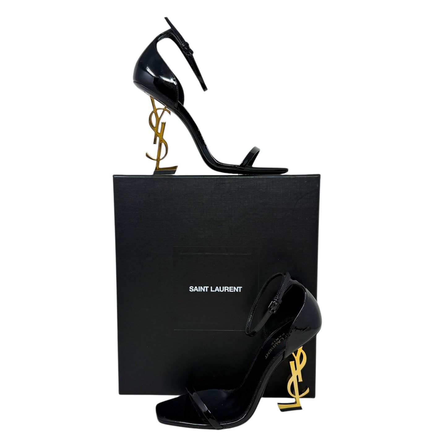 Opyum 110 Cassandre Heel Sandals Luxury Designer By Yves Saint Laurent In Black & Gold, Size: 8