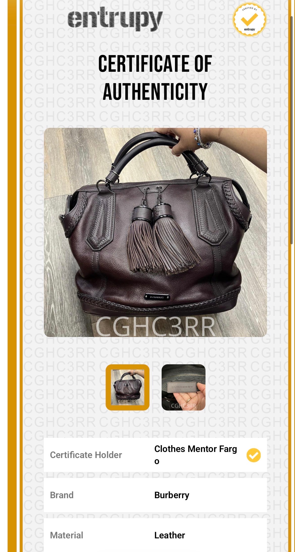 Handbag Luxury Designer By Burberry, Size: Large