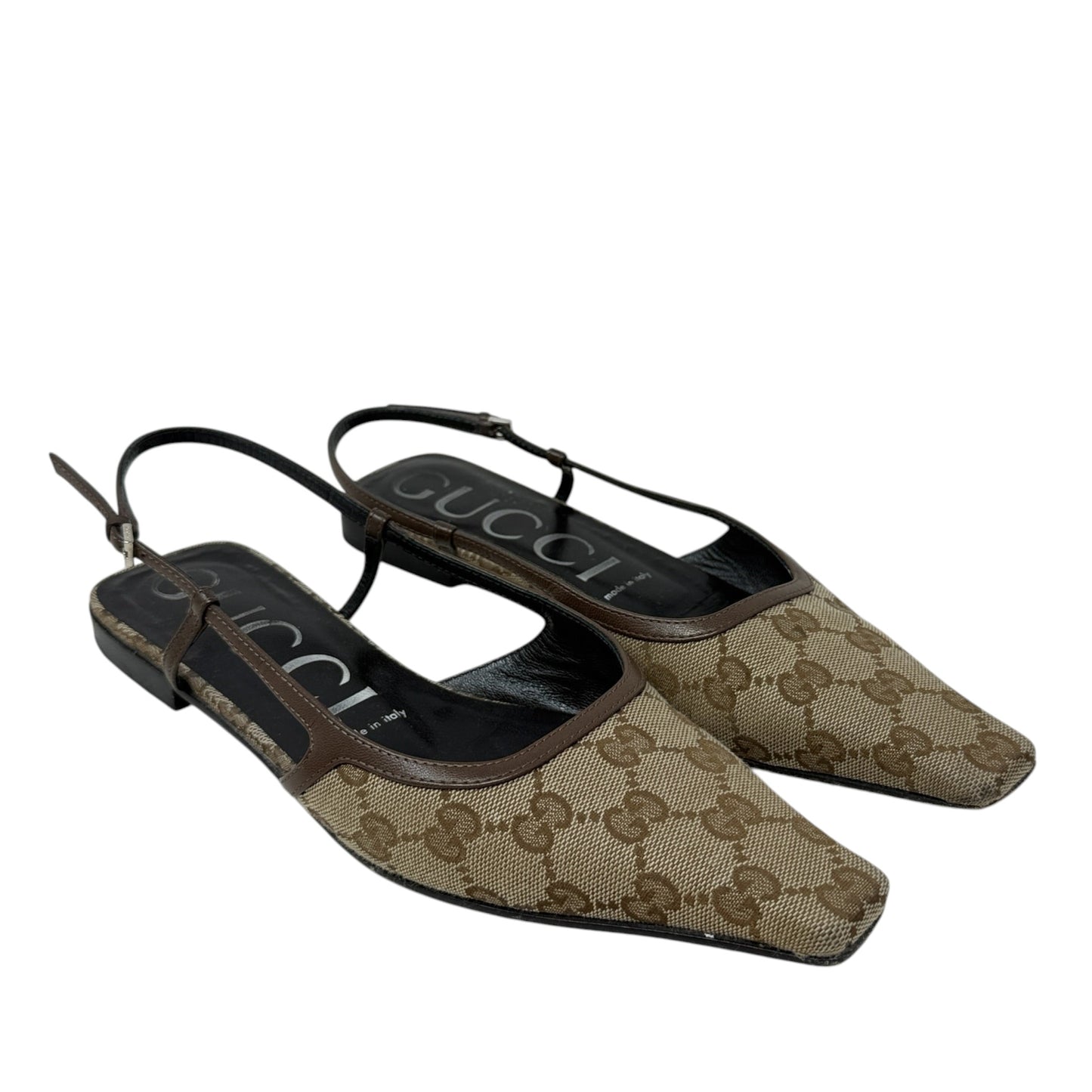 GG Monogram Malaga Kid Square Toe Slingback Pumps Luxury Designer By Gucci In Beige Ebony New Acero, Size: 8 (IT 38)