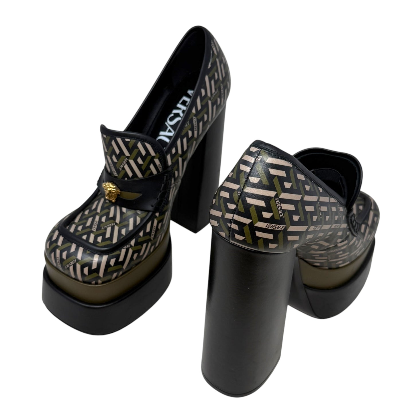 Juno La Greca Print Platform Pumps Luxury Designer By Versace In Geometric Pattern, Size: 10