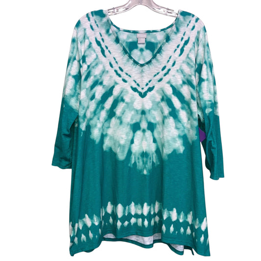 Top 3/4 Sleeve By Chicos In Green & White, Size:1X
