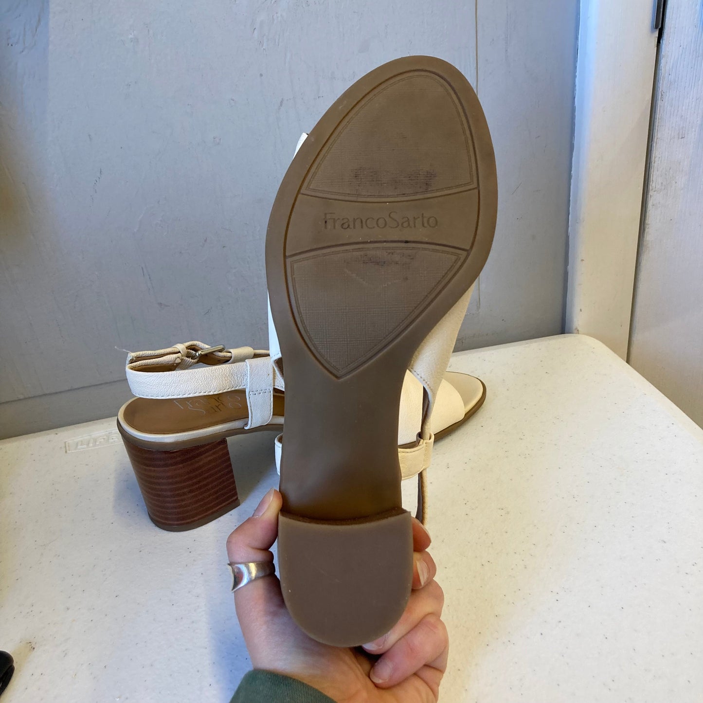 Sandals Heels Block By Franco Sarto In Cream, Size:7.5