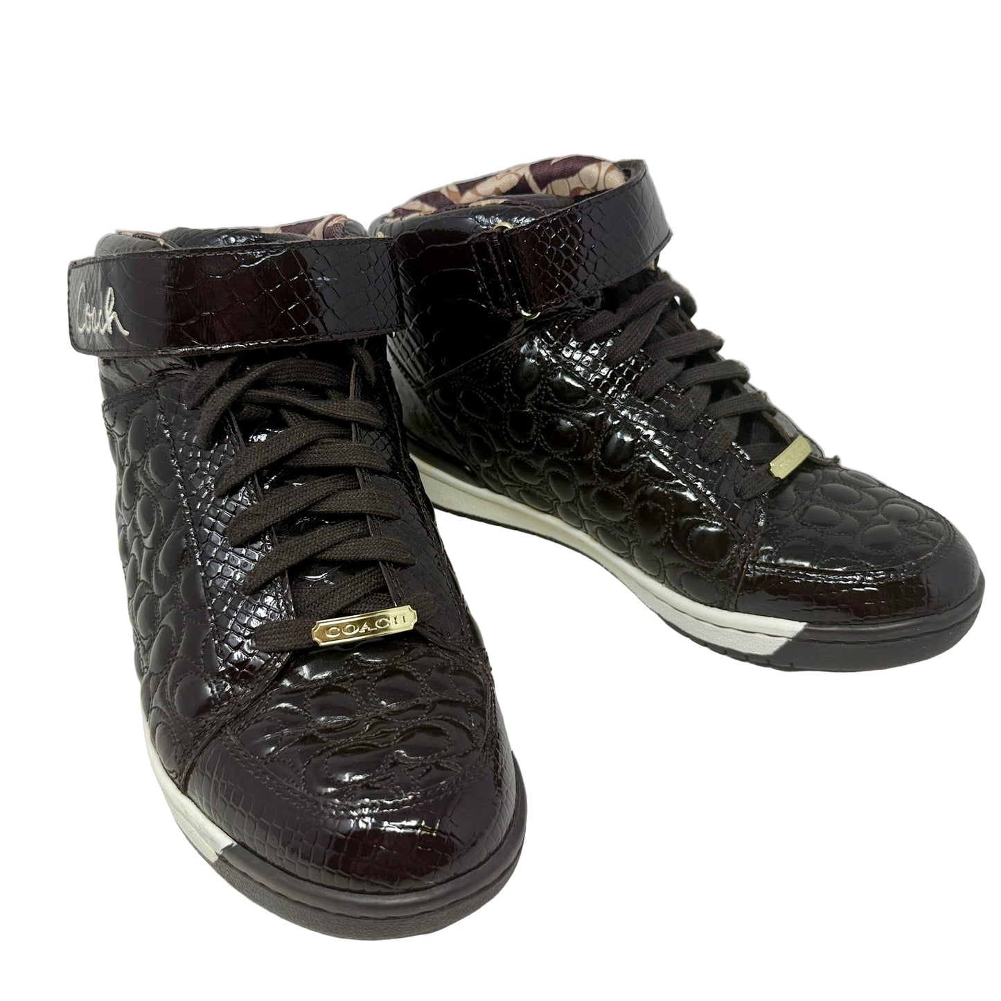 Nanette Patent Leather High Top Sneakers In Chocolate Designer By Coach In Brown, Size: 8.5