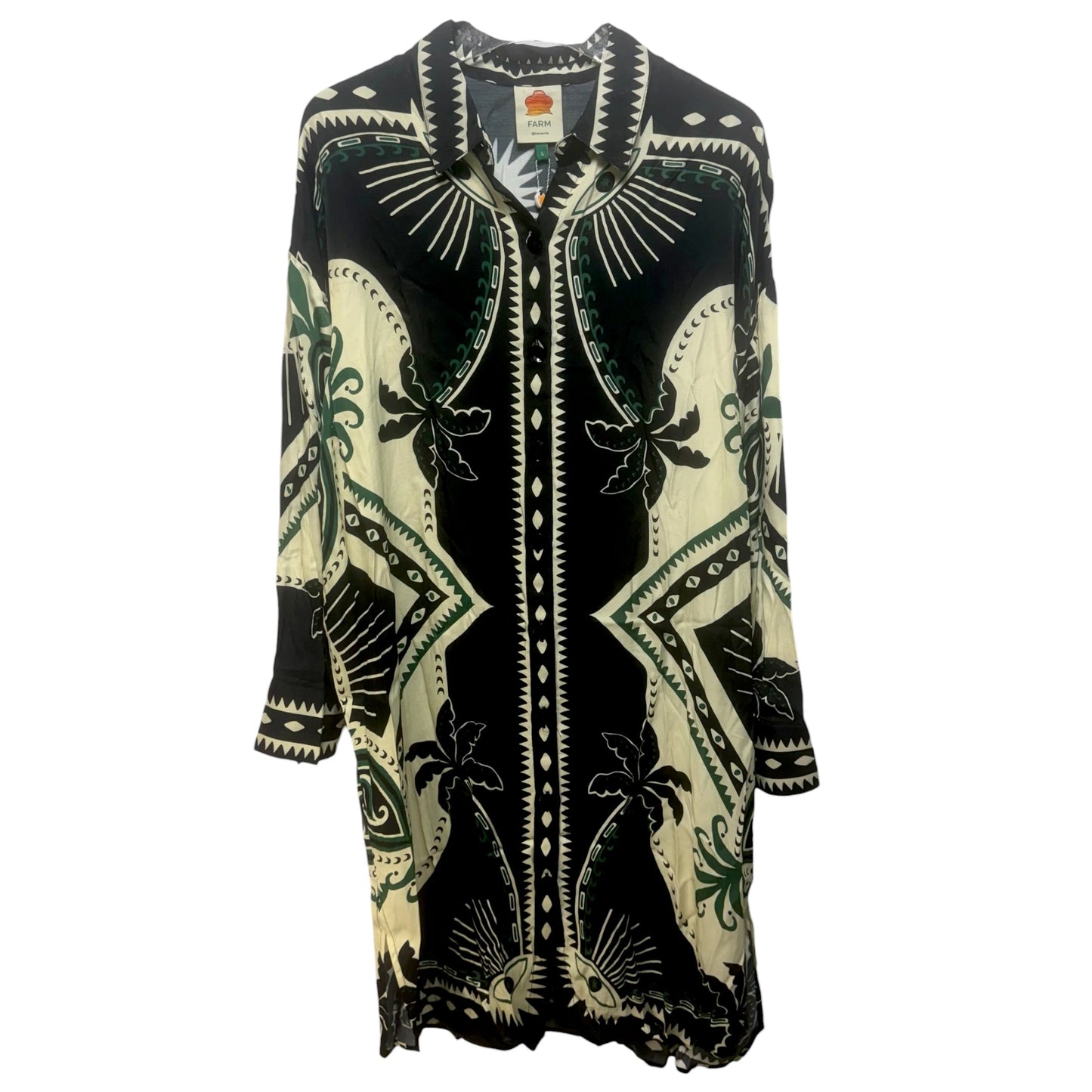 Mystic Scarf Chemise Dress Designer By Farm Rio In Black & Cream, Size: L