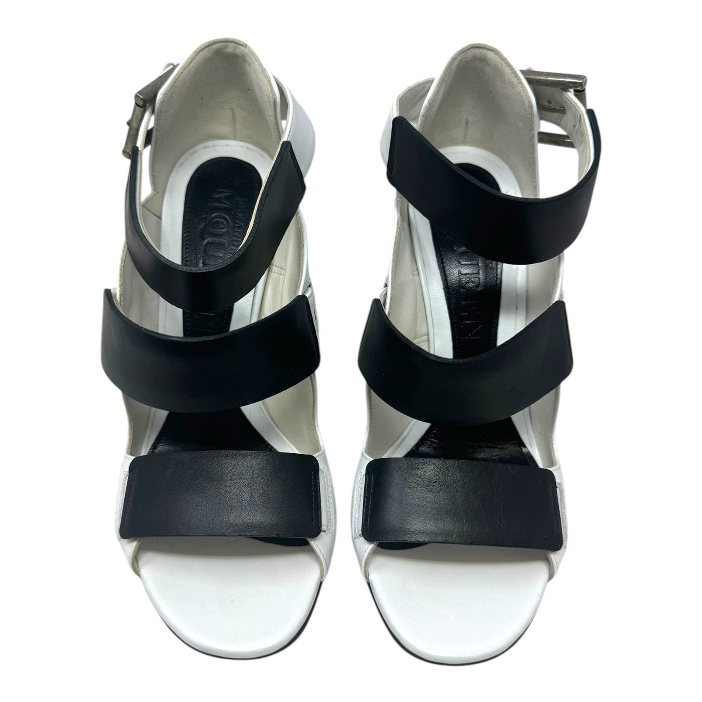 Triple Buckle Leather Stiletto Sandals Luxury Designer By Alexander Mcqueen In Black & White, Size: 6.5