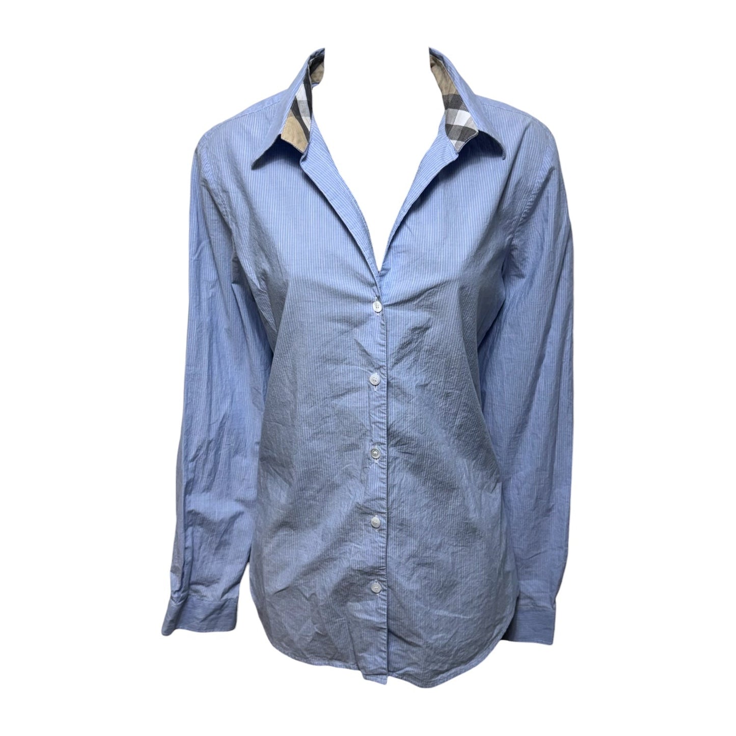As Is Pinstripe Cotton Button Down Shirt Luxury Designer By Burberry In Striped Pattern, Size: M