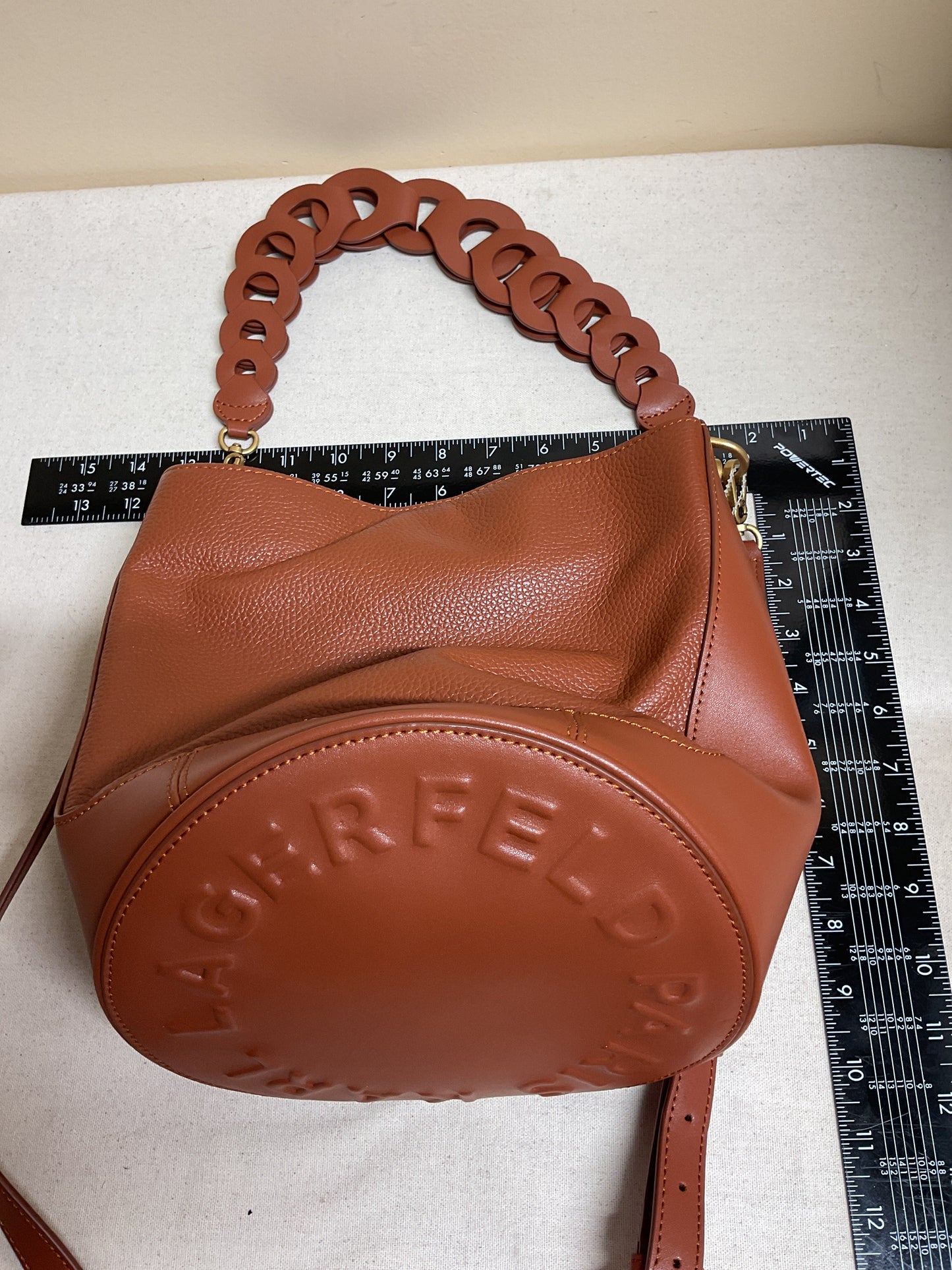 Handbag Designer By Karl Lagerfeld In Brown & Gold, Size:Medium