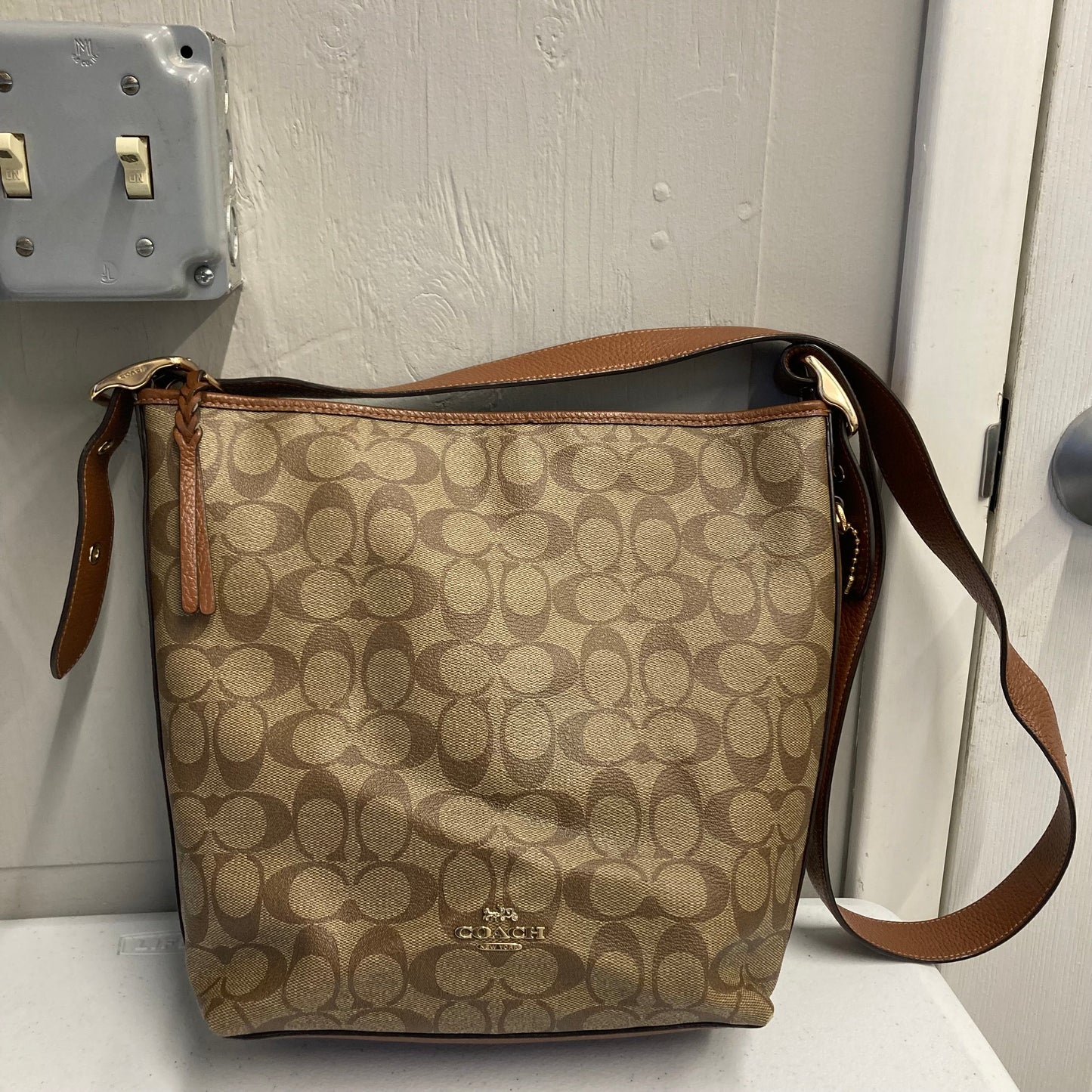 Crossbody Designer By Coach In Brown, Size:Large