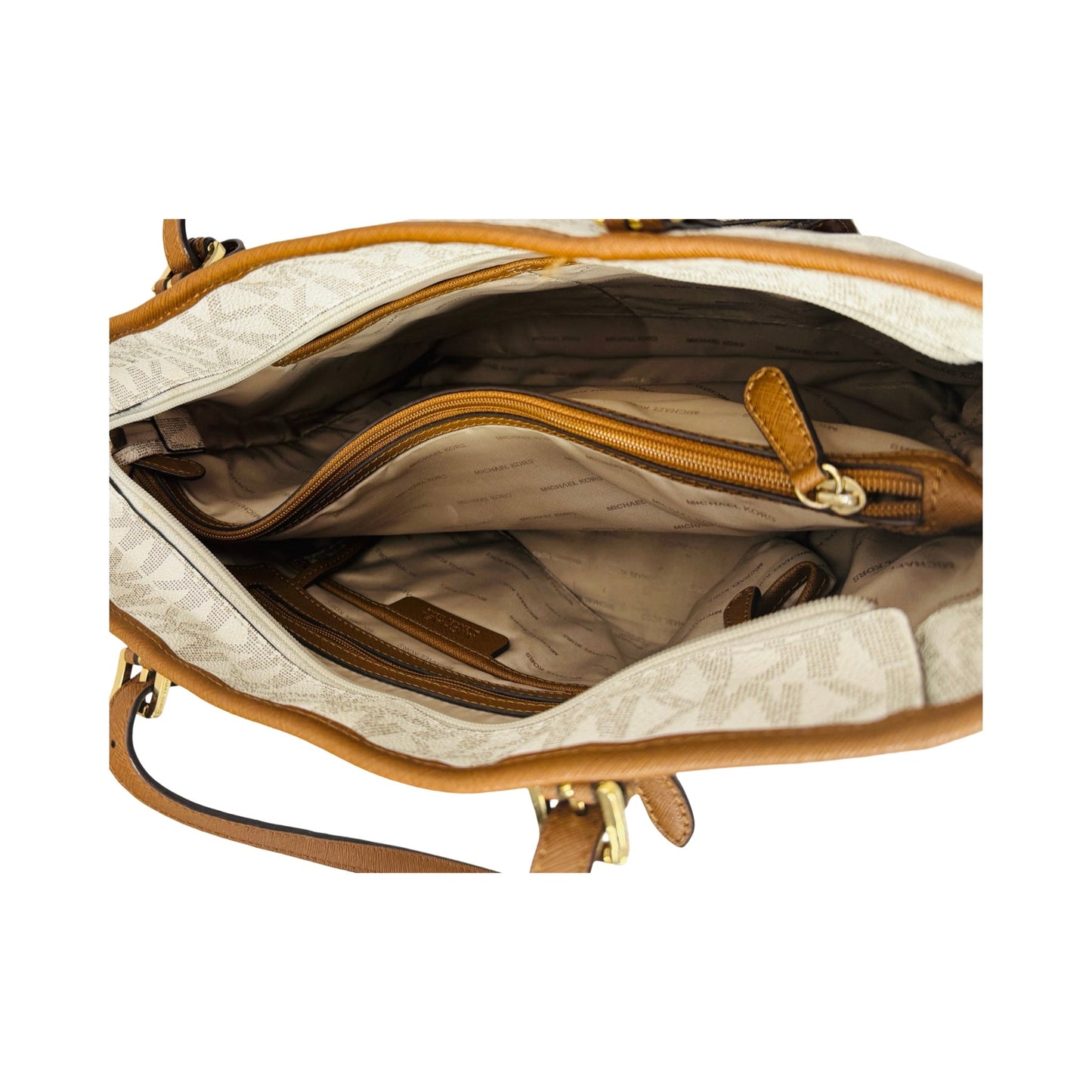 Ciara Signature PVC Leather Top Zip Gold-Tone Hardware Light Brown Leather Trim Vanilla White Tote Shoulder Handbag By Michael Kors  Size: Medium